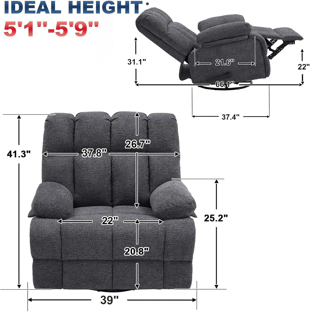 Eiayeebil Oversized Swivel Rocker Recliner Chair Extra Wide Manual Recliner