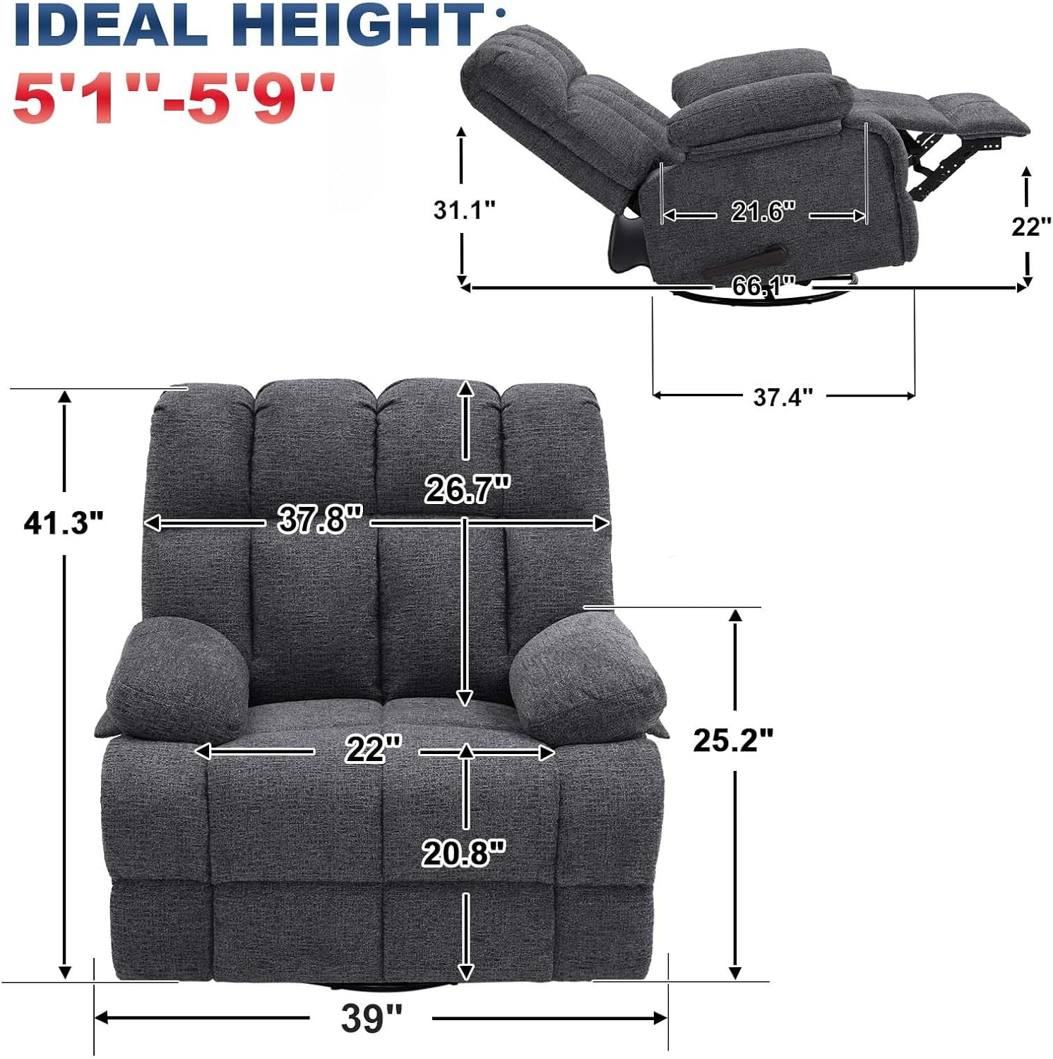 Eiayeebil Oversized Swivel Rocker Recliner Chair Extra Wide Manual Recliner