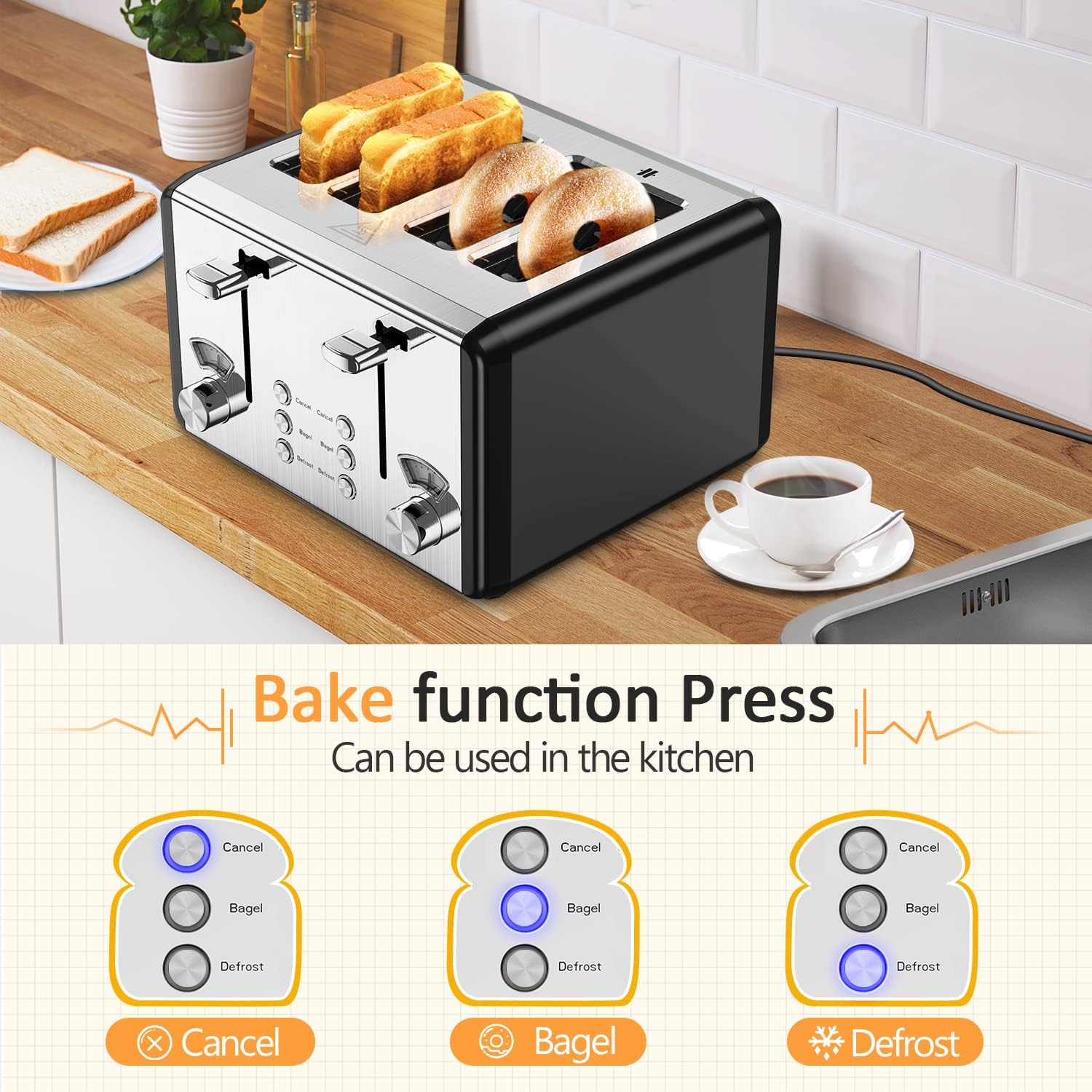 whall Digital Touch Screen Toaster 4 Slice Stainless Steel Dual Control Wide Slots