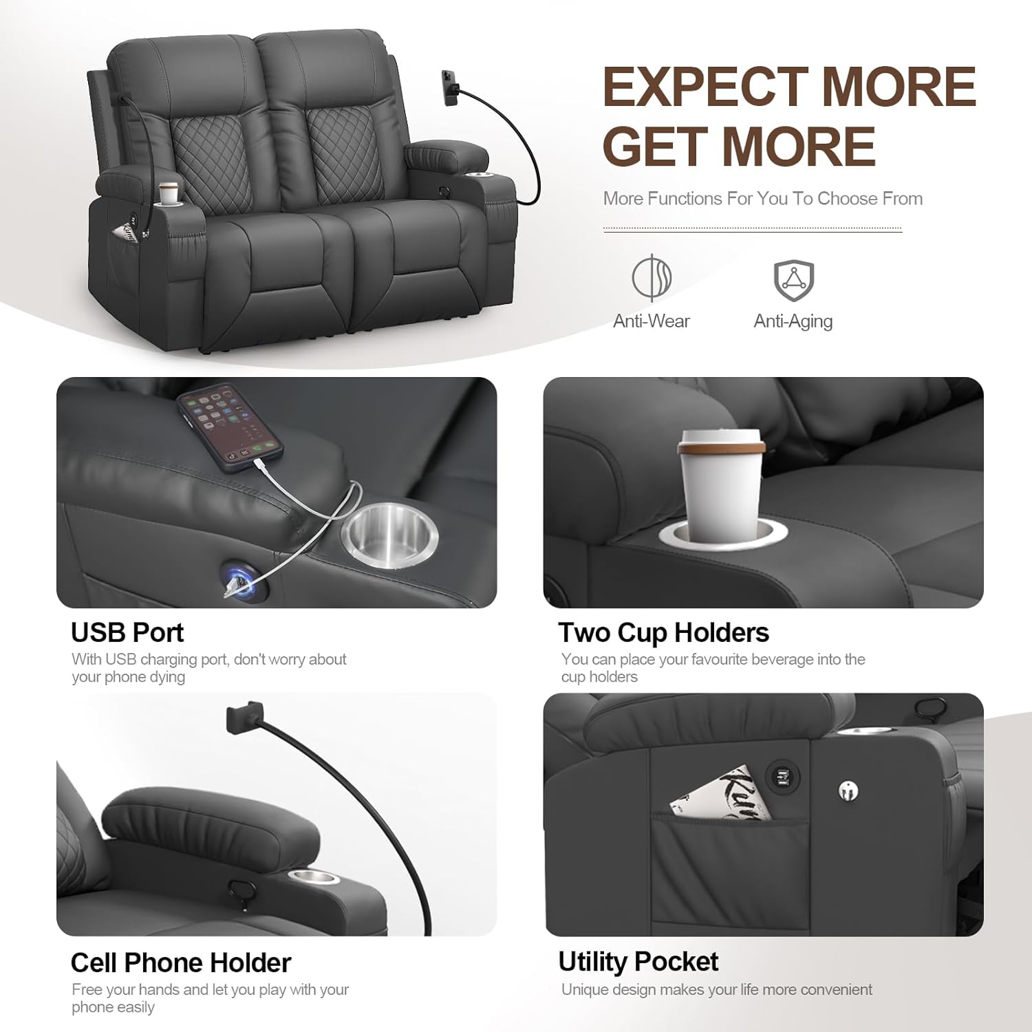 FURNIMAT Loveseat Recliner Sofa 2 Seater PU Leather Couch with USB Cup Holders