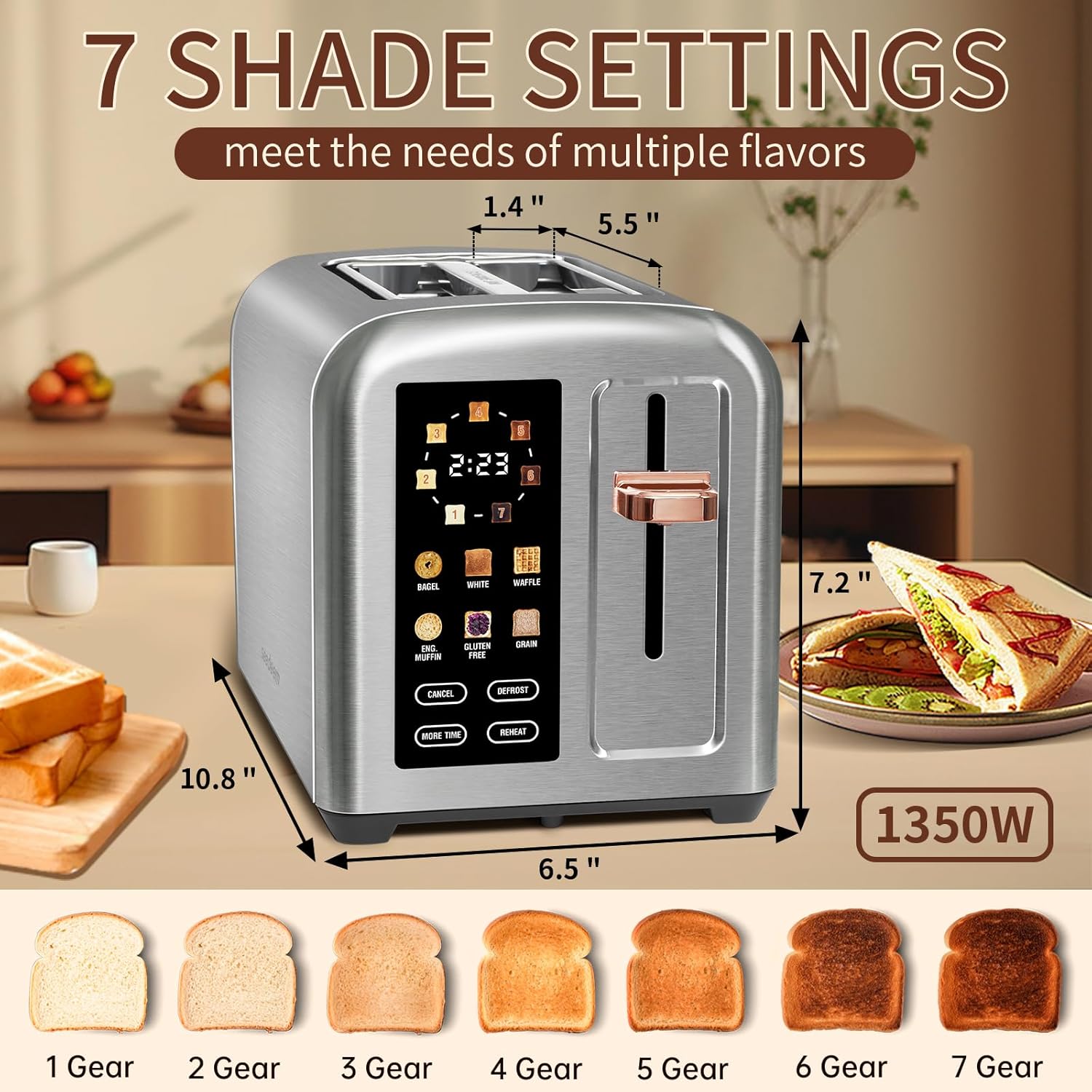 SEEDEEM 4 Slice Touch Screen Toaster LCD Display 7 Shade Settings Wide Slots 1800W