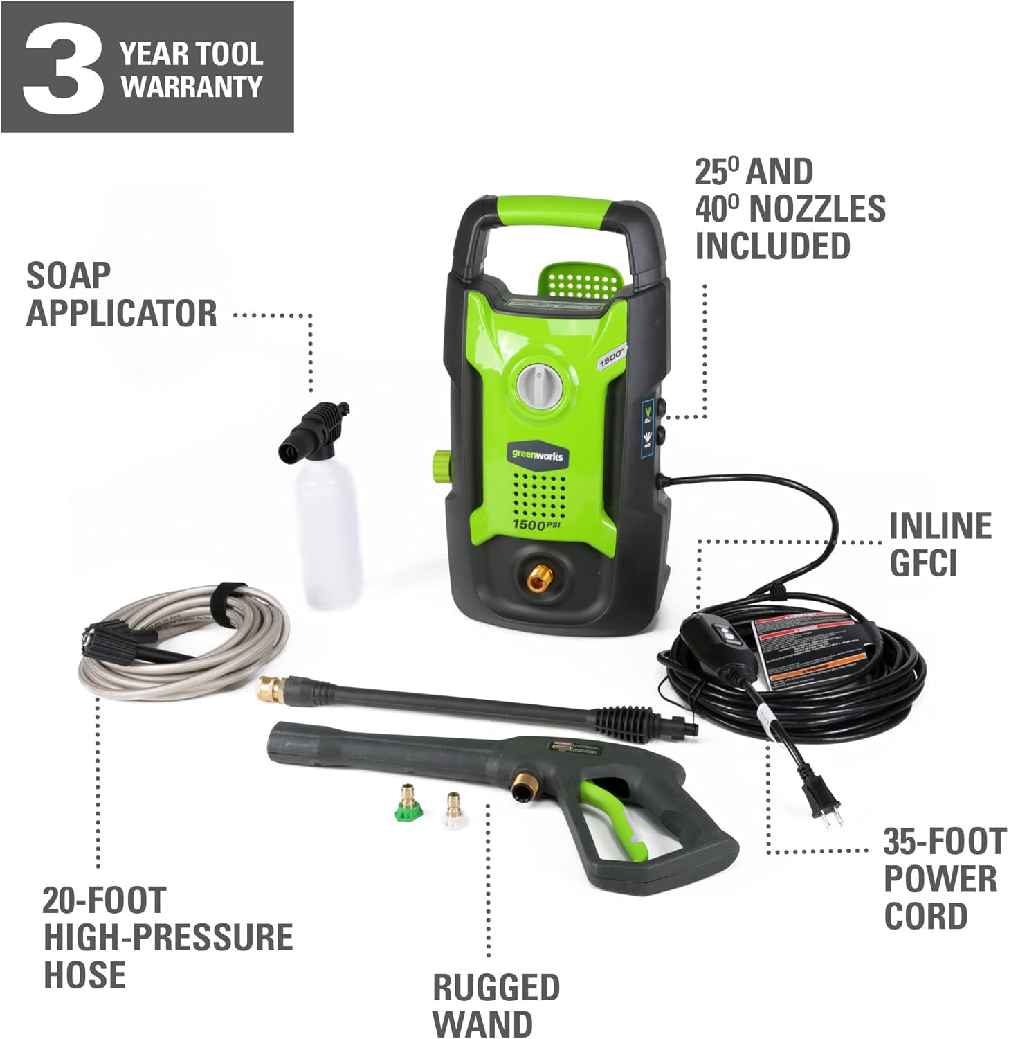 Greenworks 2000 PSI Electric Pressure Washer 13 Amp with Wheels 20 FT Hose 35 FT Cord