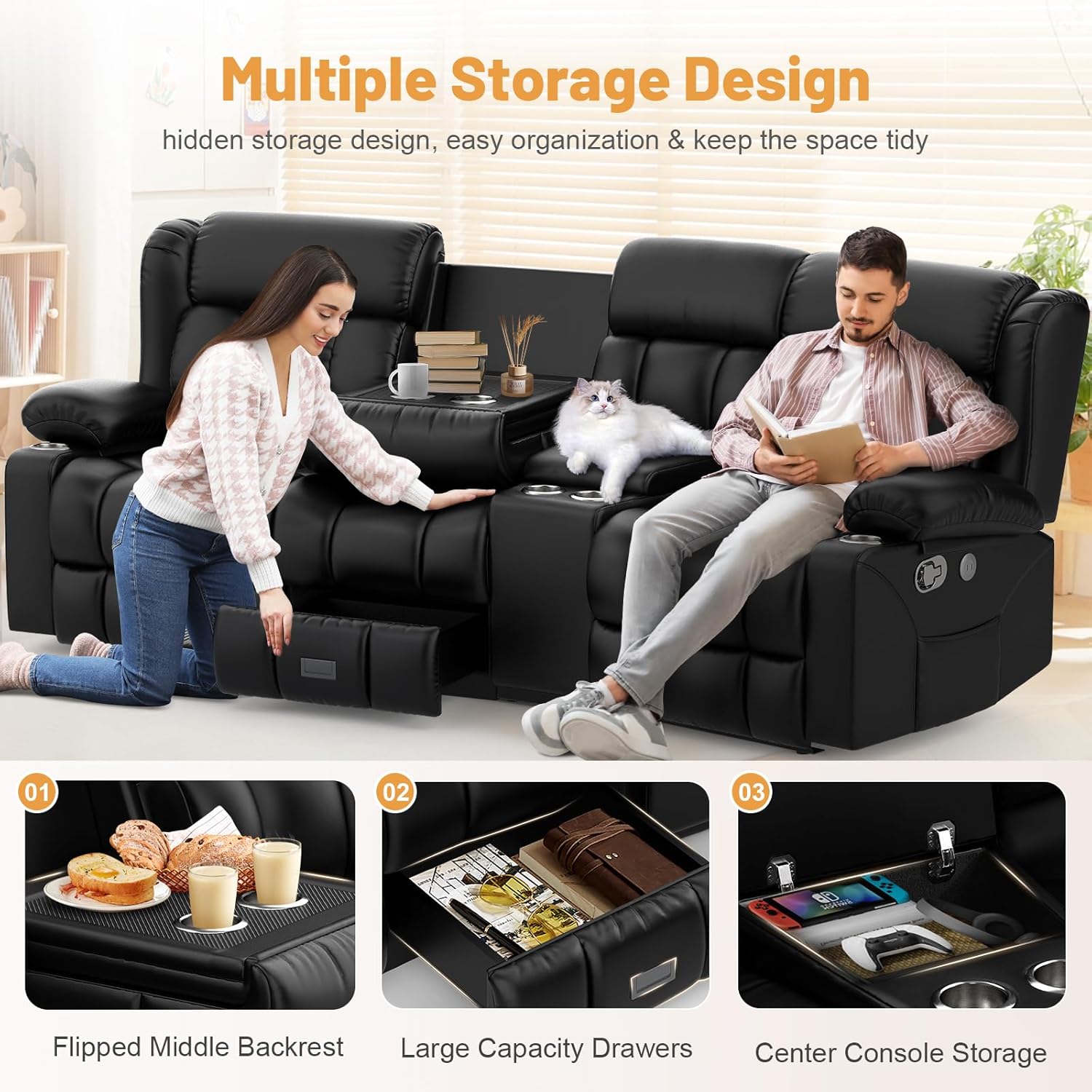 Dresegmt Loveseat Recliner Sofa 3 Seat Flip Backrest with Storage USB Cup Holders