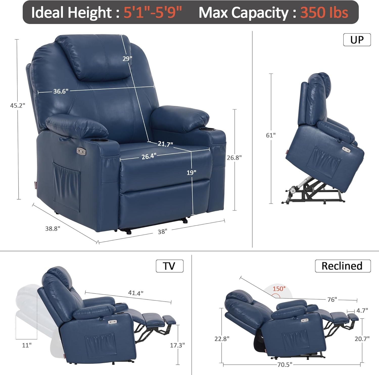 MCombo Electric Power Lift Recliner Massage Heat Chair for Elderly 3 Positions 2 Pockets USB