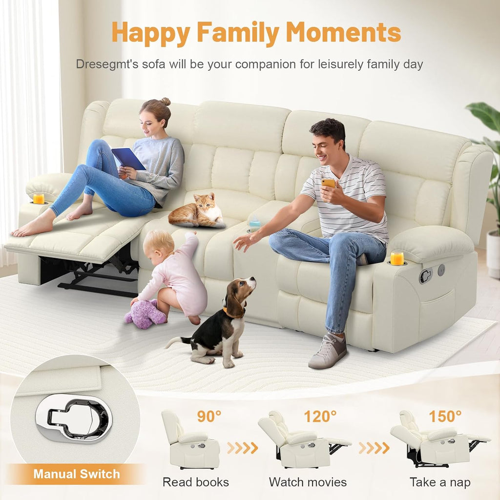 Dresegmt Loveseat Recliner Sofa 3 Seat Flip Backrest with Storage USB Cup Holders