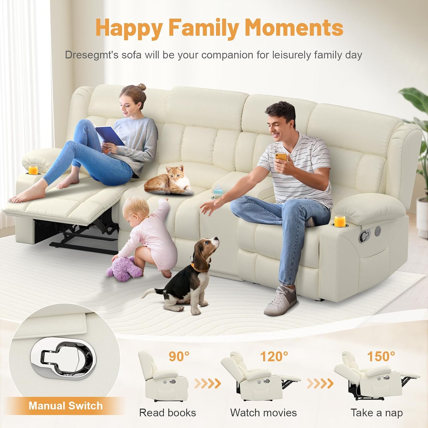 Dresegmt Loveseat Recliner Sofa 3 Seat Flip Backrest with Storage USB Cup Holders