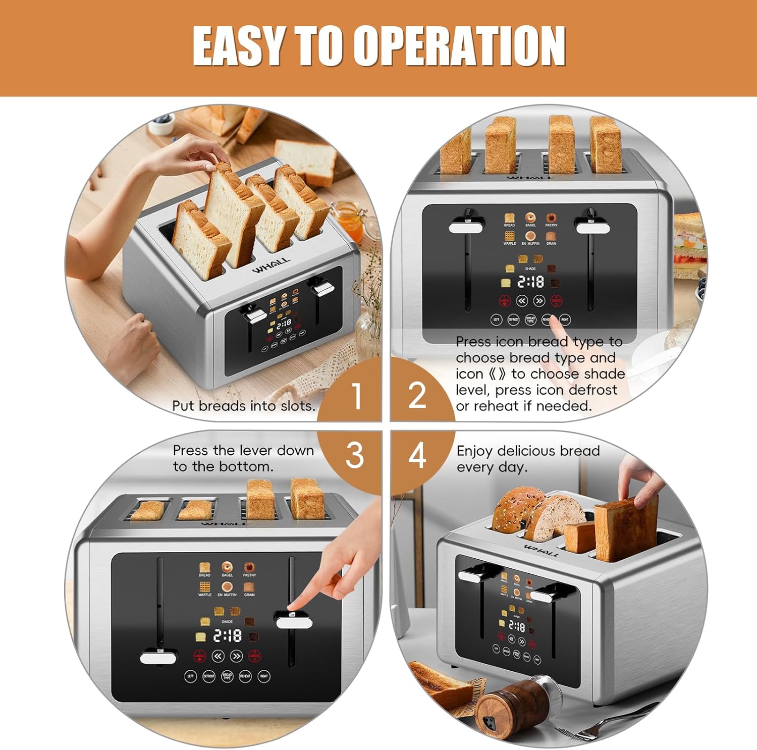 whall Digital Touch Screen Toaster 4 Slice Stainless Steel Dual Control Wide Slots
