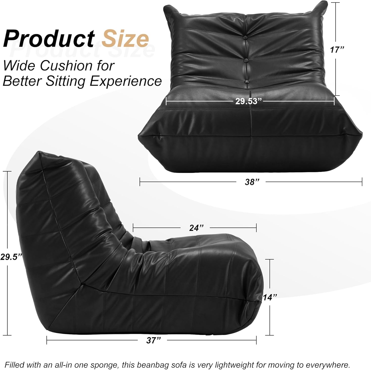 Hobestluk Giant Bean Bag Chair Memory Foam Faux Leather Floor Sofa for Adults
