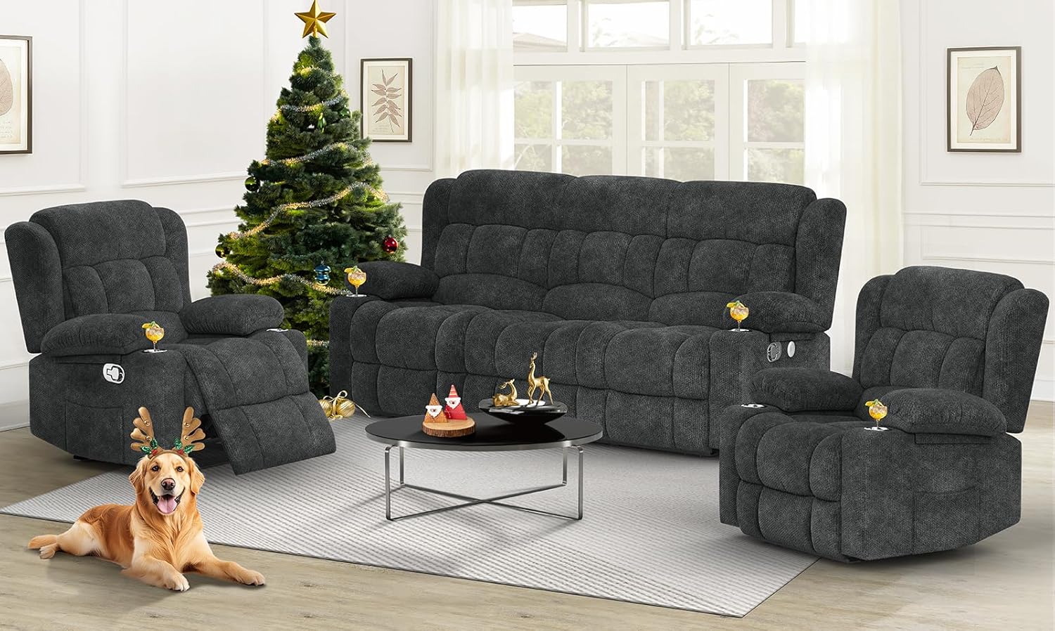 Dresegmt Loveseat Recliner Sofa 3 Seat Flip Backrest with Storage USB Cup Holders