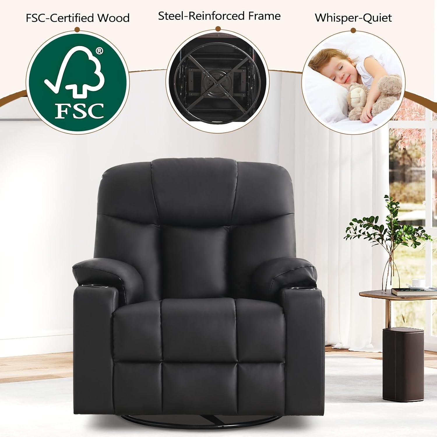 ANJ Swivel Rocker Recliner Chair Manual Fabric Small Space