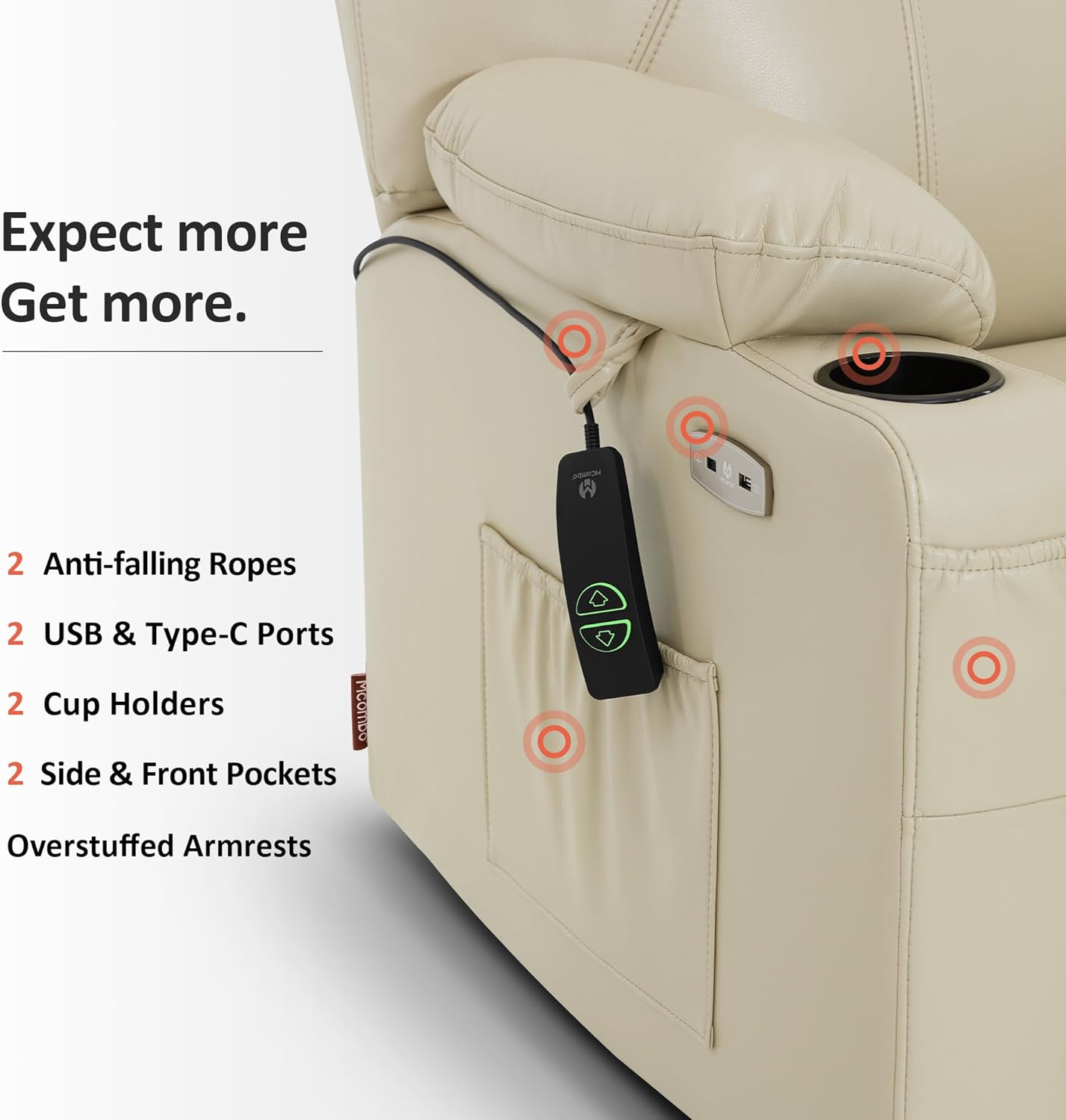 MCombo Electric Power Lift Recliner Massage Heat Chair for Elderly 3 Positions 2 Pockets USB