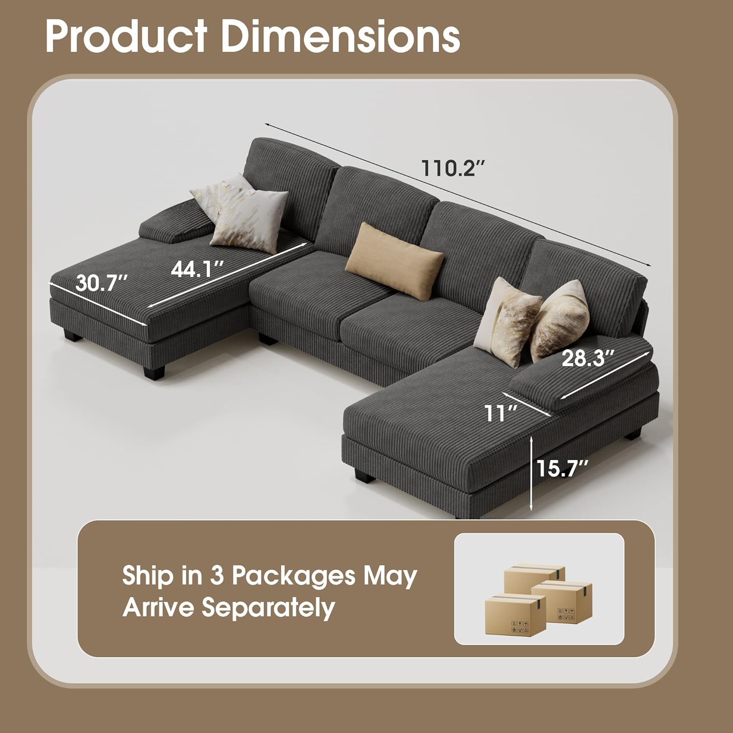 Furmax U-Shaped Sectional Sofa Couch 4 Seat Linen Fabric Double Chaise