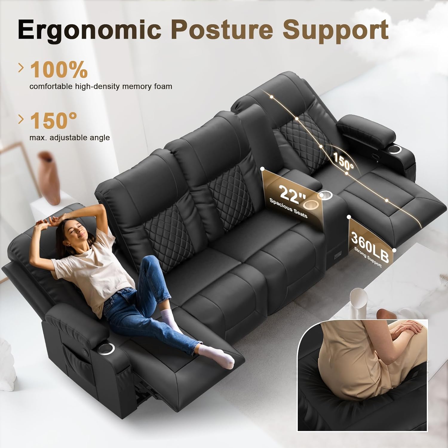 YONISEE 3 Seat Recliner Sofa with Storage Console USB Ports and Cup Holders
