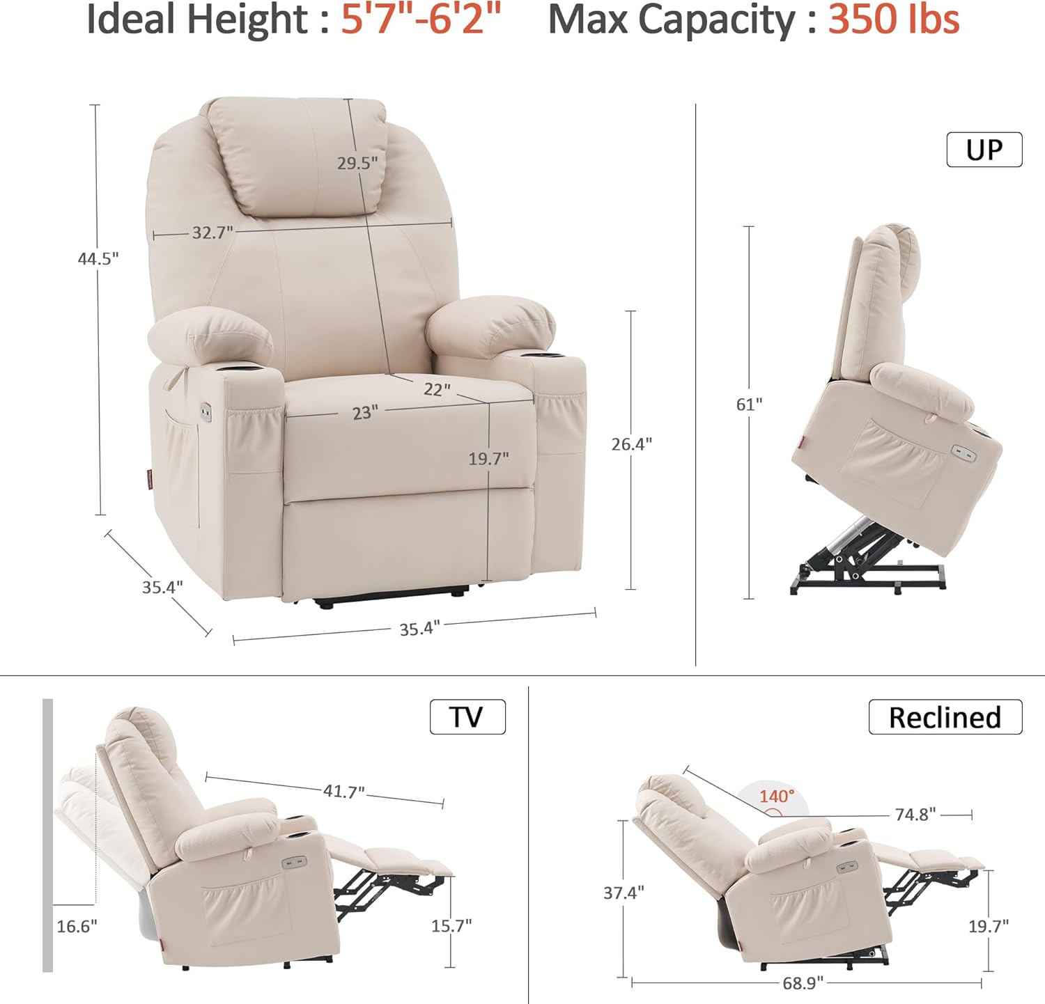 MCombo Electric Power Lift Recliner Massage Heat Chair for Elderly 3 Positions 2 Pockets USB