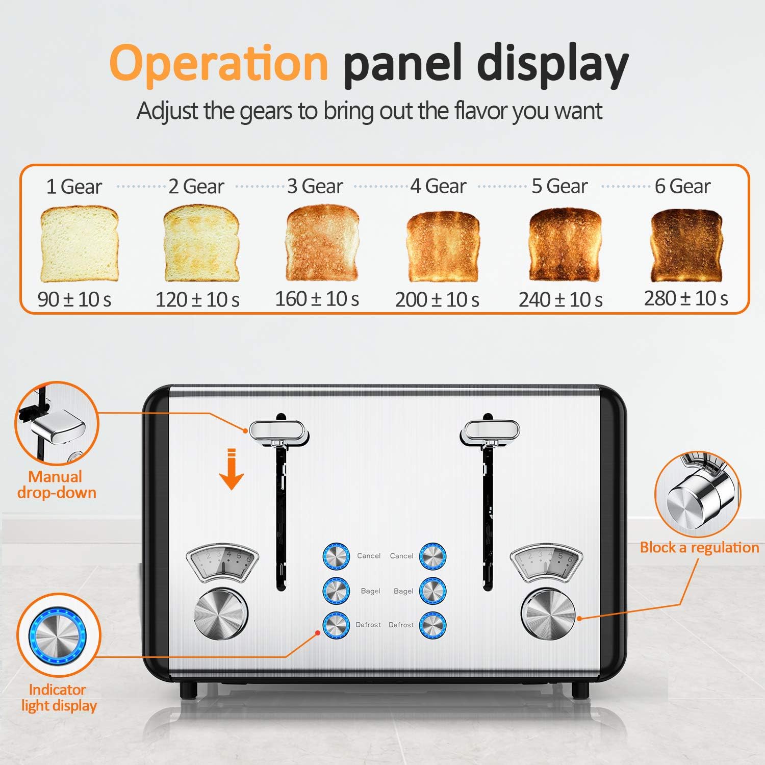 whall Digital Touch Screen Toaster 4 Slice Stainless Steel Dual Control Wide Slots