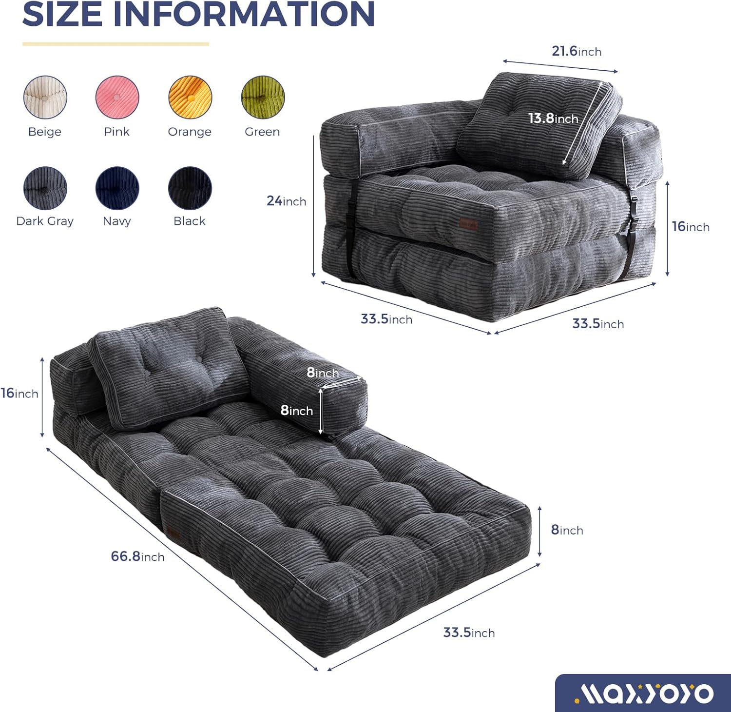 MAXYOYO L Shaped Folding Sofa Bed Convertible Sleeper with Pillow Armrest