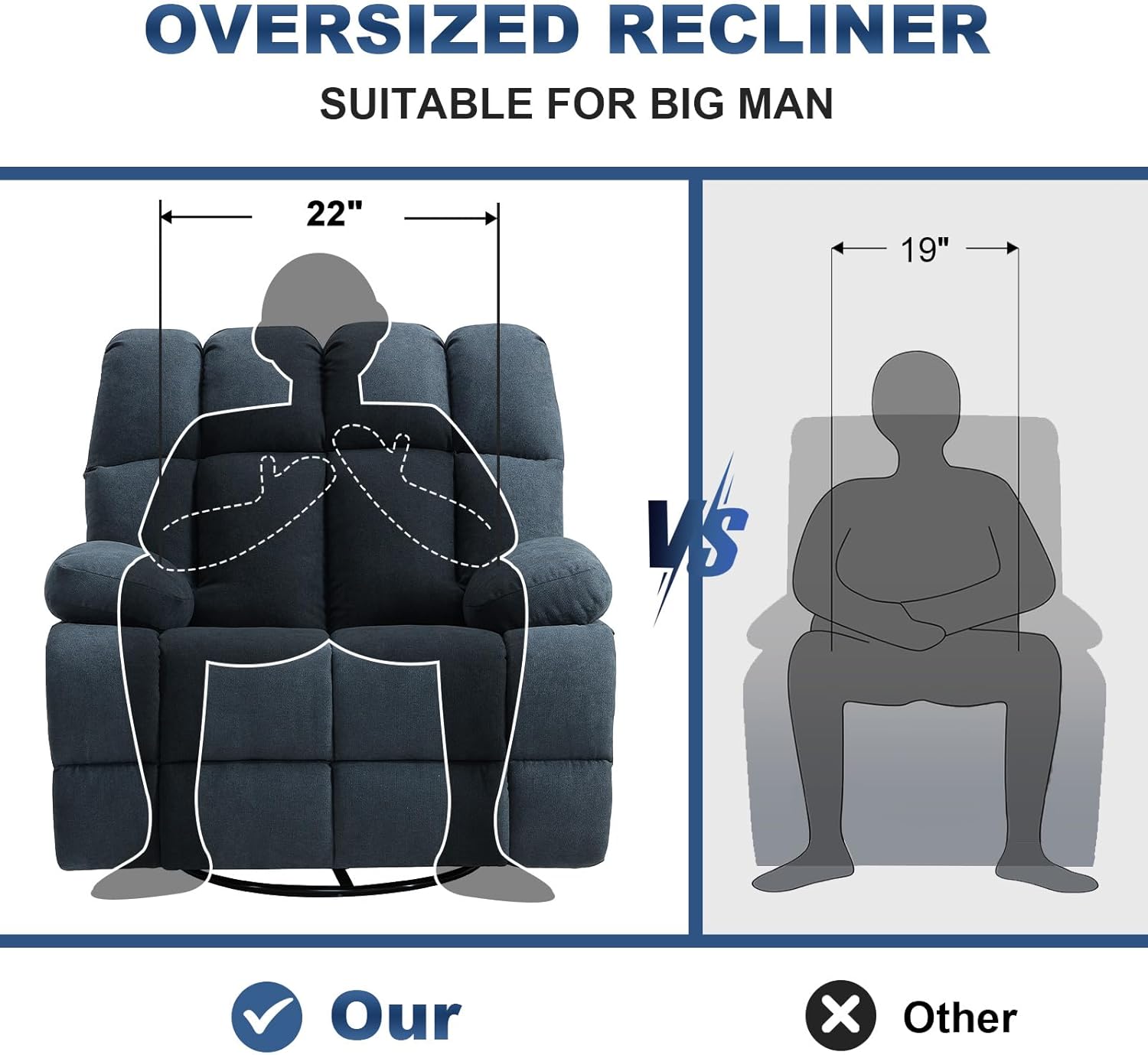 Eiayeebil Oversized Swivel Rocker Recliner Chair Extra Wide Manual Recliner