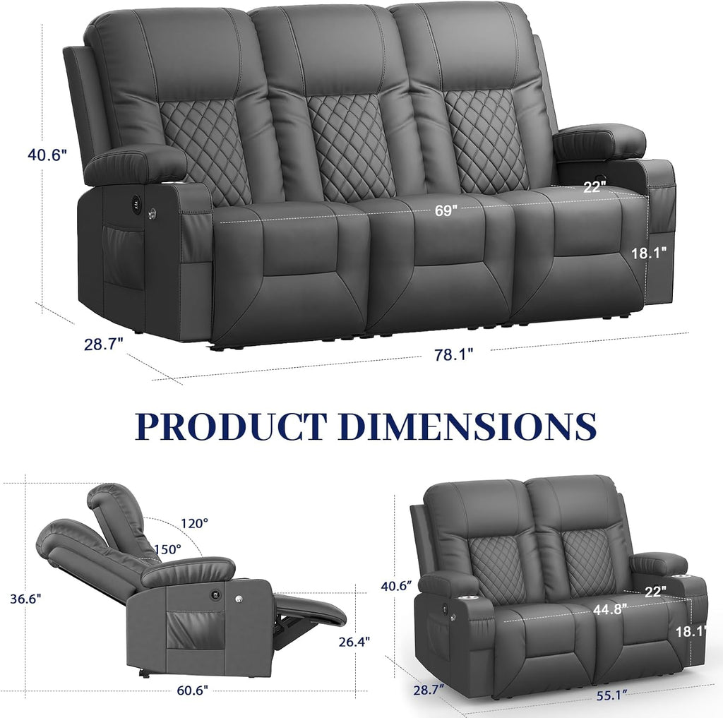FURNIMAT Loveseat Recliner Sofa 2 Seater PU Leather Couch with USB Cup Holders
