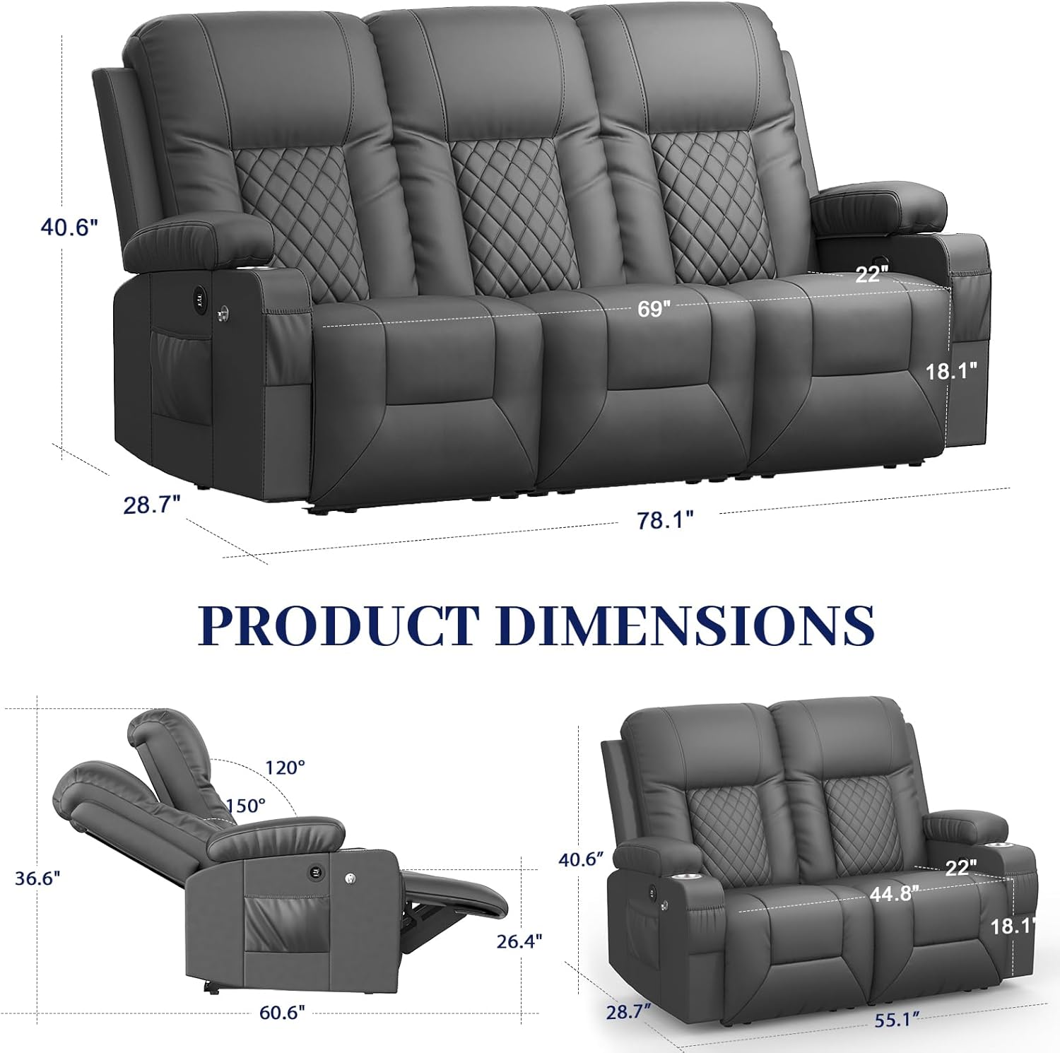 FURNIMAT Loveseat Recliner Sofa 2 Seater PU Leather Couch with USB Cup Holders