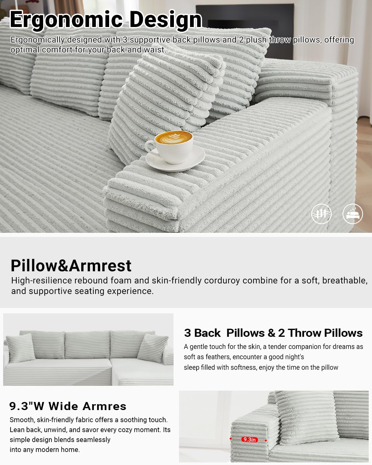 HANXIN Cloud Sectional Sofa L Shape Chaise Deep Seat Modular Living Room Couch