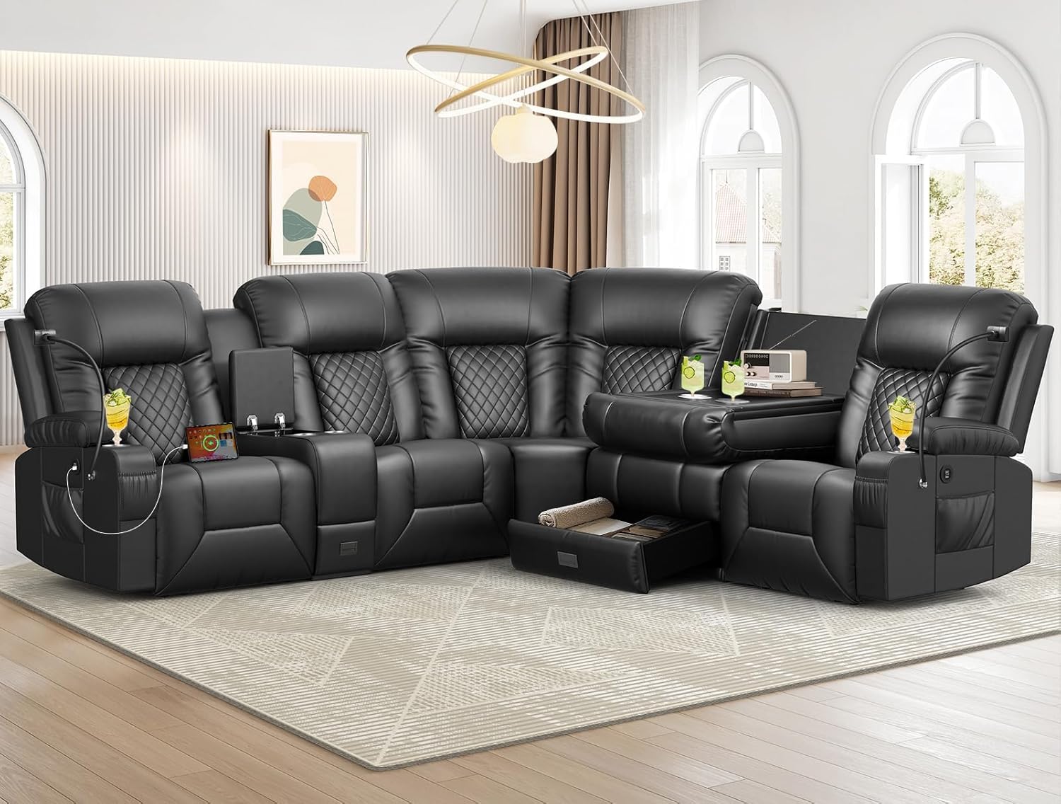 YONISEE 3 Seat Recliner Sofa with Storage Console USB Ports and Cup Holders