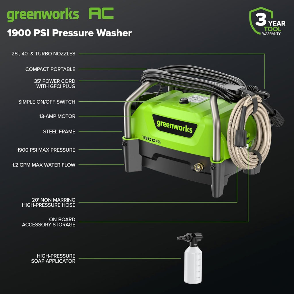 Greenworks 2000 PSI Electric Pressure Washer 13 Amp with Wheels 20 FT Hose 35 FT Cord