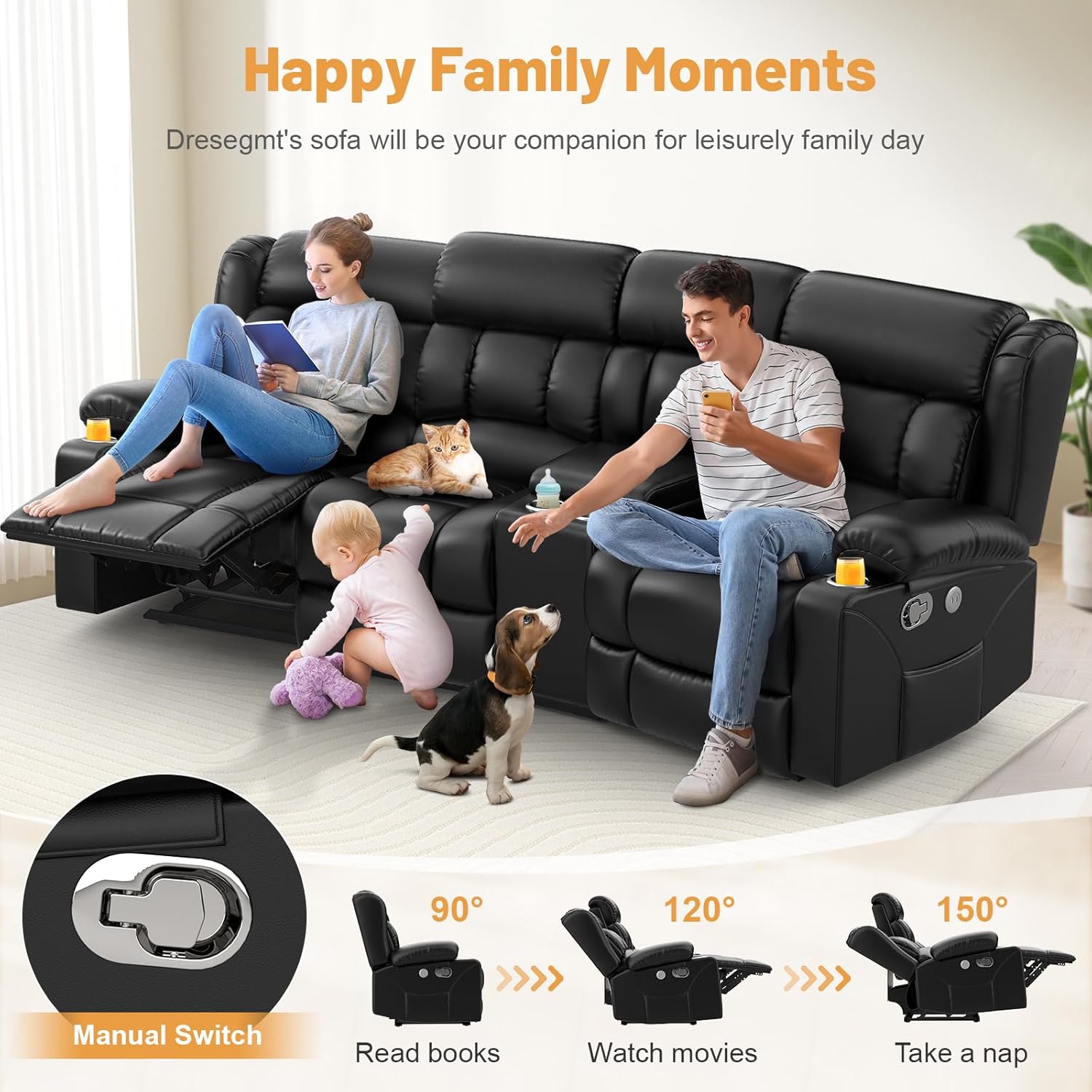 Dresegmt Loveseat Recliner Sofa 3 Seat Flip Backrest with Storage USB Cup Holders