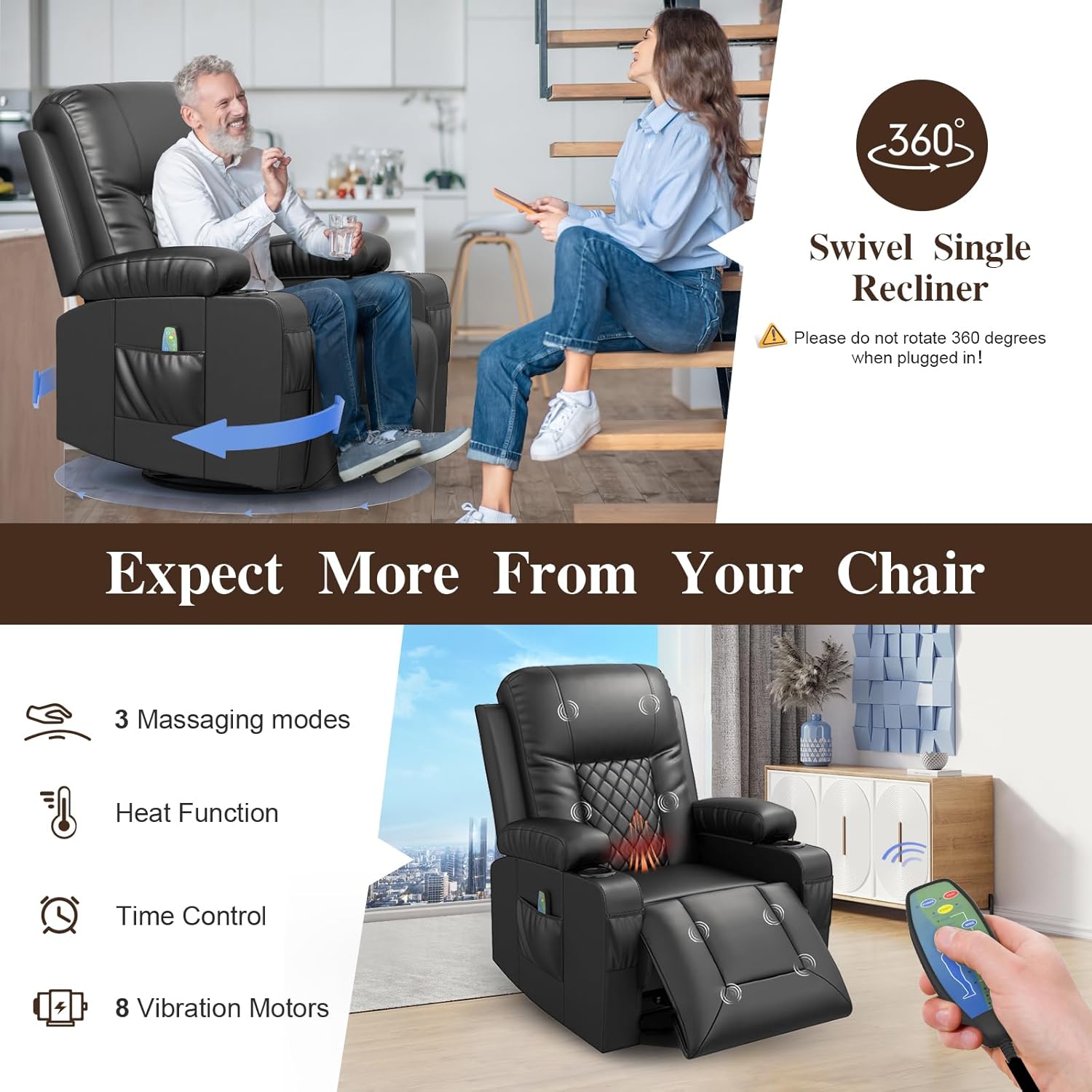 FURNIMAT Loveseat Recliner Sofa 2 Seater PU Leather Couch with USB Cup Holders