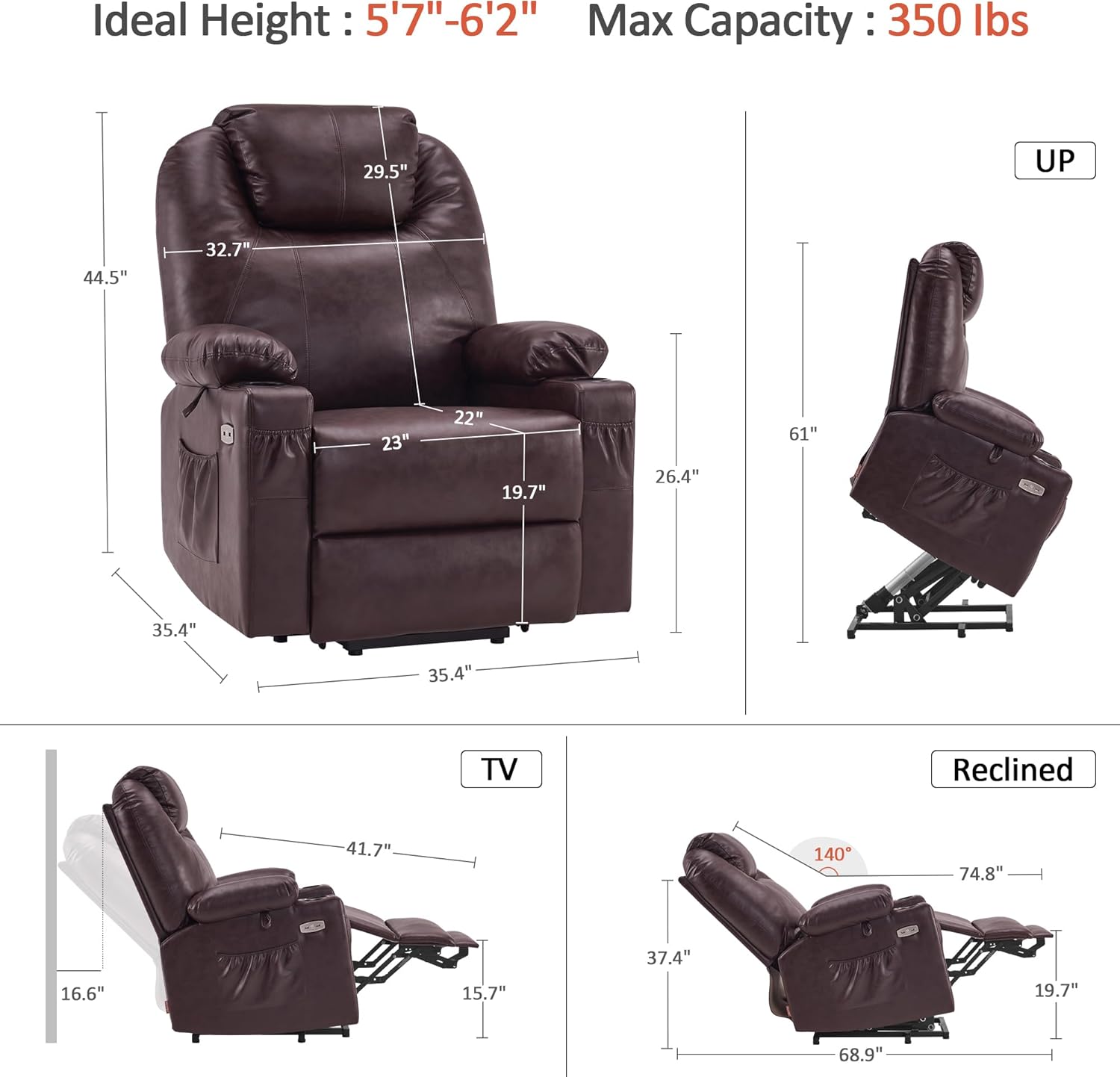 MCombo Electric Power Lift Recliner Massage Heat Chair for Elderly 3 Positions 2 Pockets USB