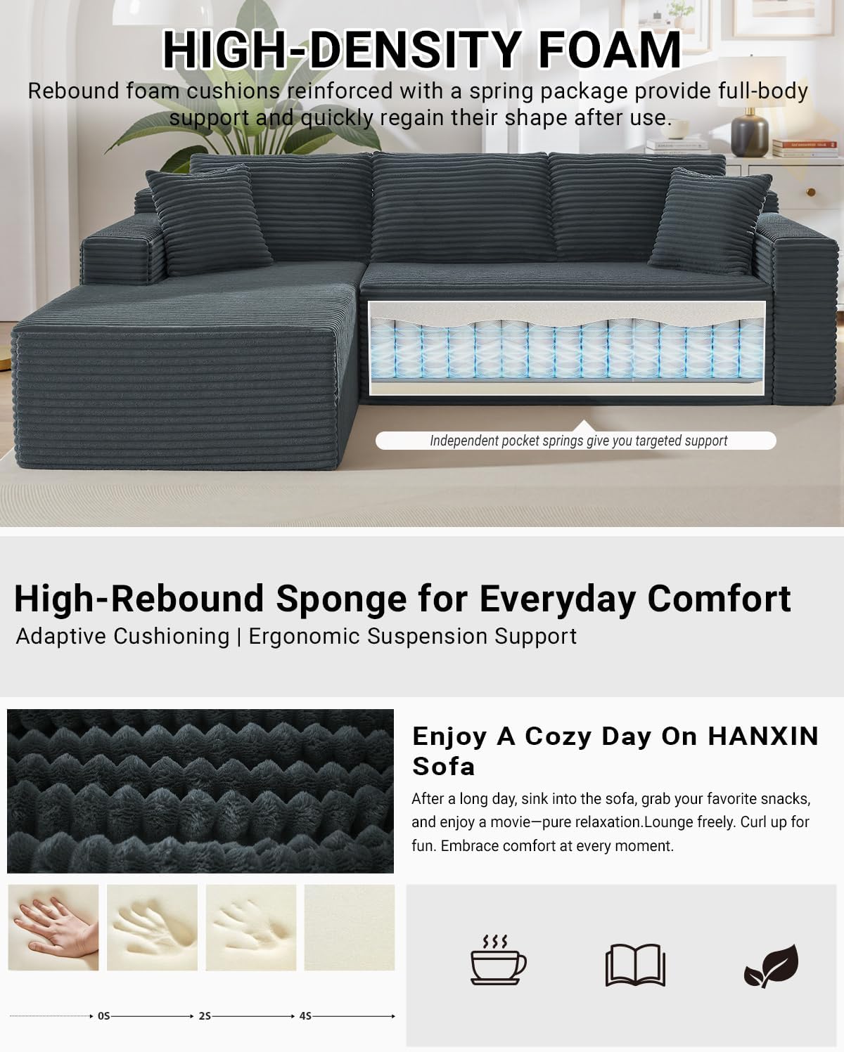 HANXIN Cloud Sectional Sofa L Shape Chaise Deep Seat Modular Living Room Couch