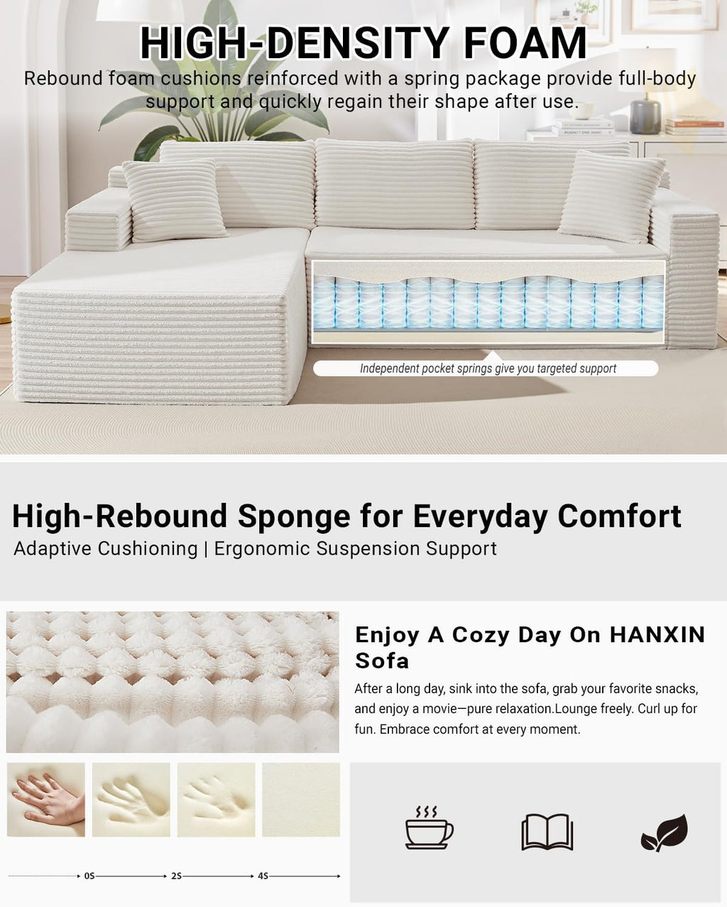 HANXIN Cloud Sectional Sofa L Shape Chaise Deep Seat Modular Living Room Couch
