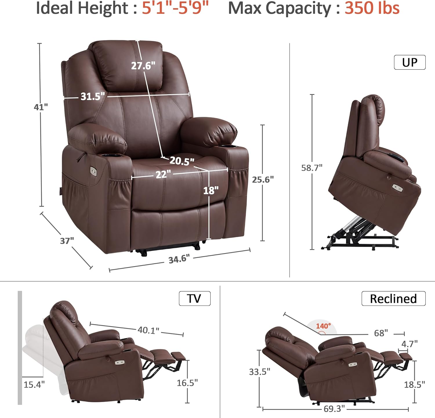 MCombo Electric Power Lift Recliner Massage Heat Chair for Elderly 3 Positions 2 Pockets USB