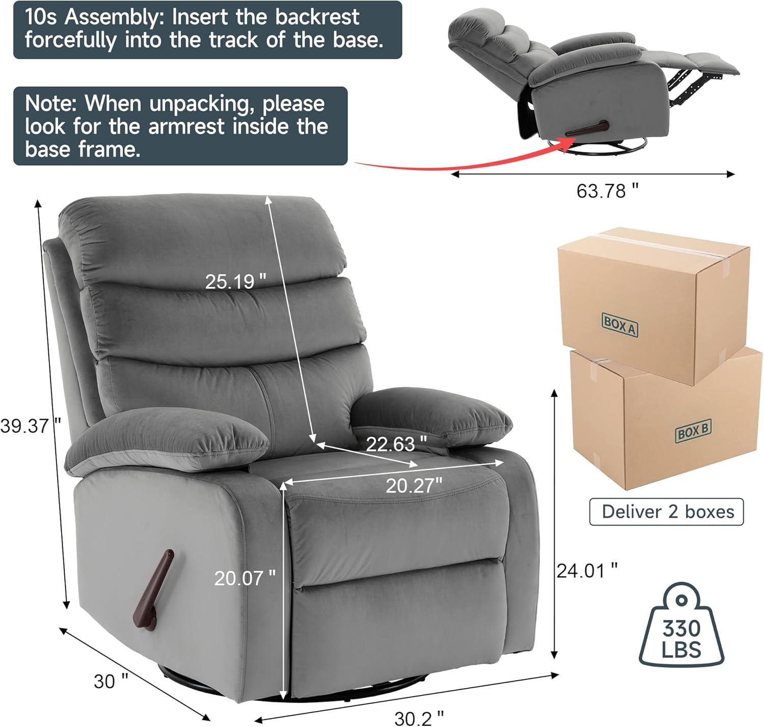 GNMLP2020 Swivel Rocker Recliner Chair Manual Small Space Nursery Living Room