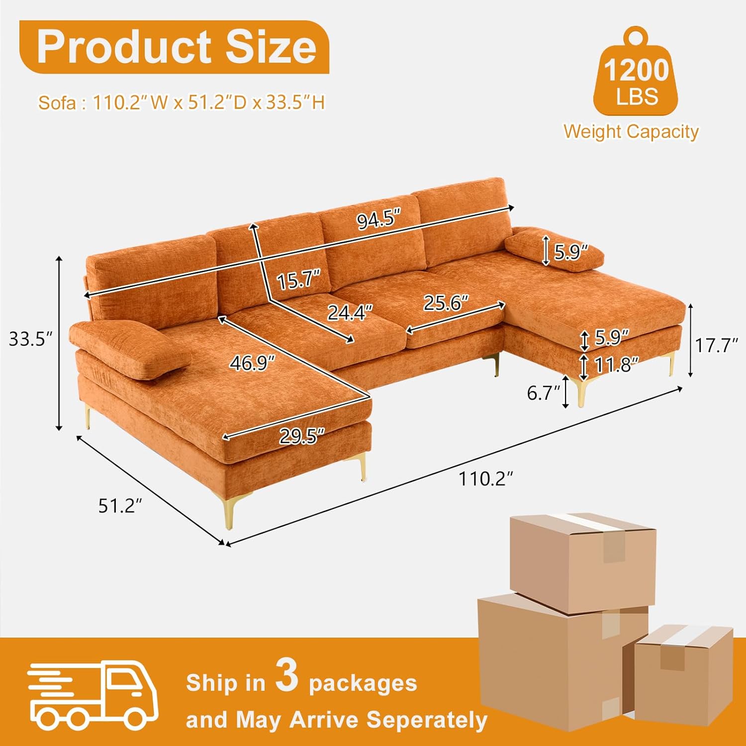 VINGLI 110 Sectional Couch U Shaped Sofa Set with Double Chaise Chenille Fabric