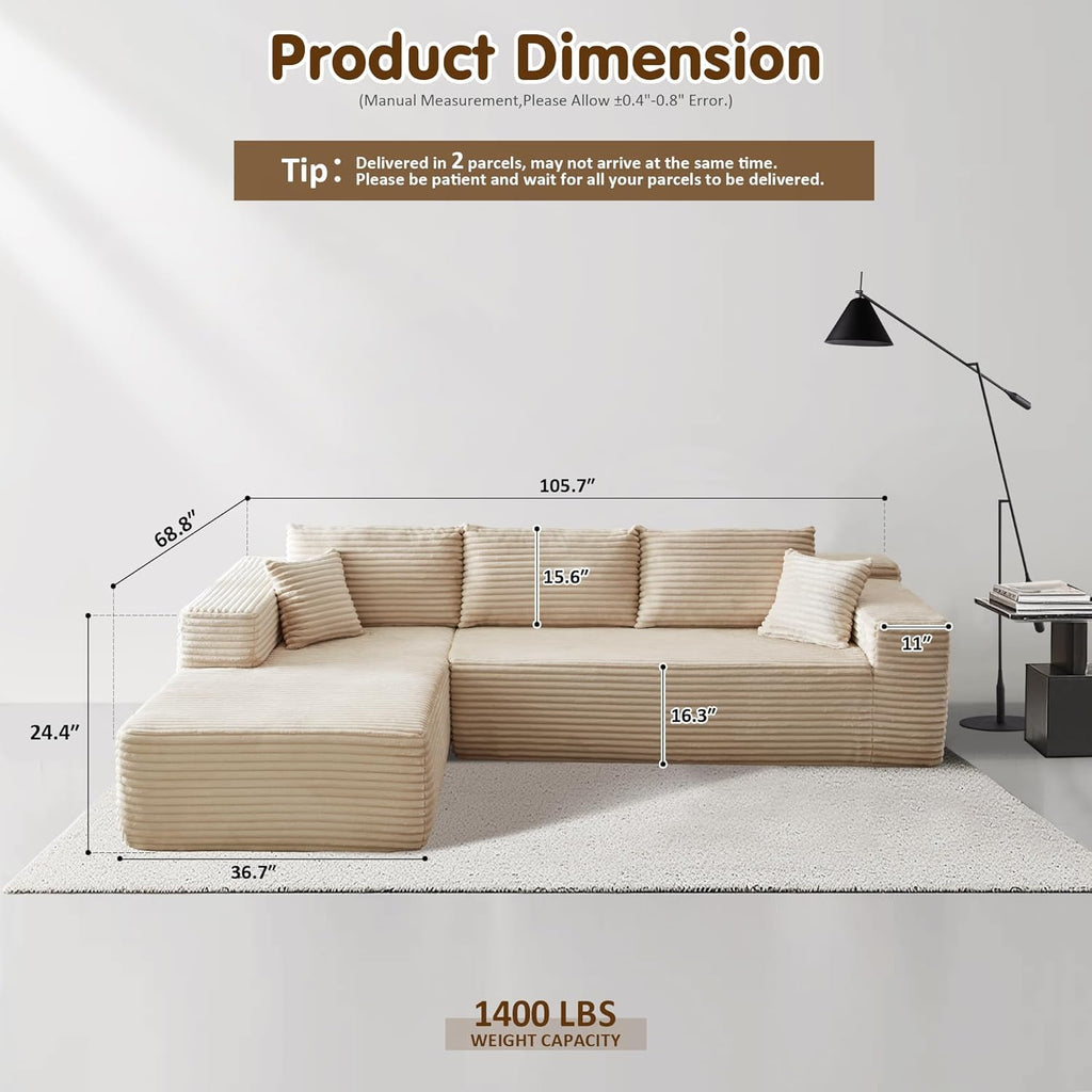 ovios Cloud Sectional Couch with L Shape Chaise Modern Modular Sofa