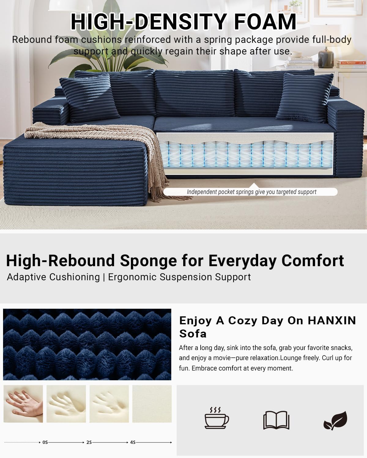 HANXIN Cloud Sectional Sofa L Shape Chaise Deep Seat Modular Living Room Couch