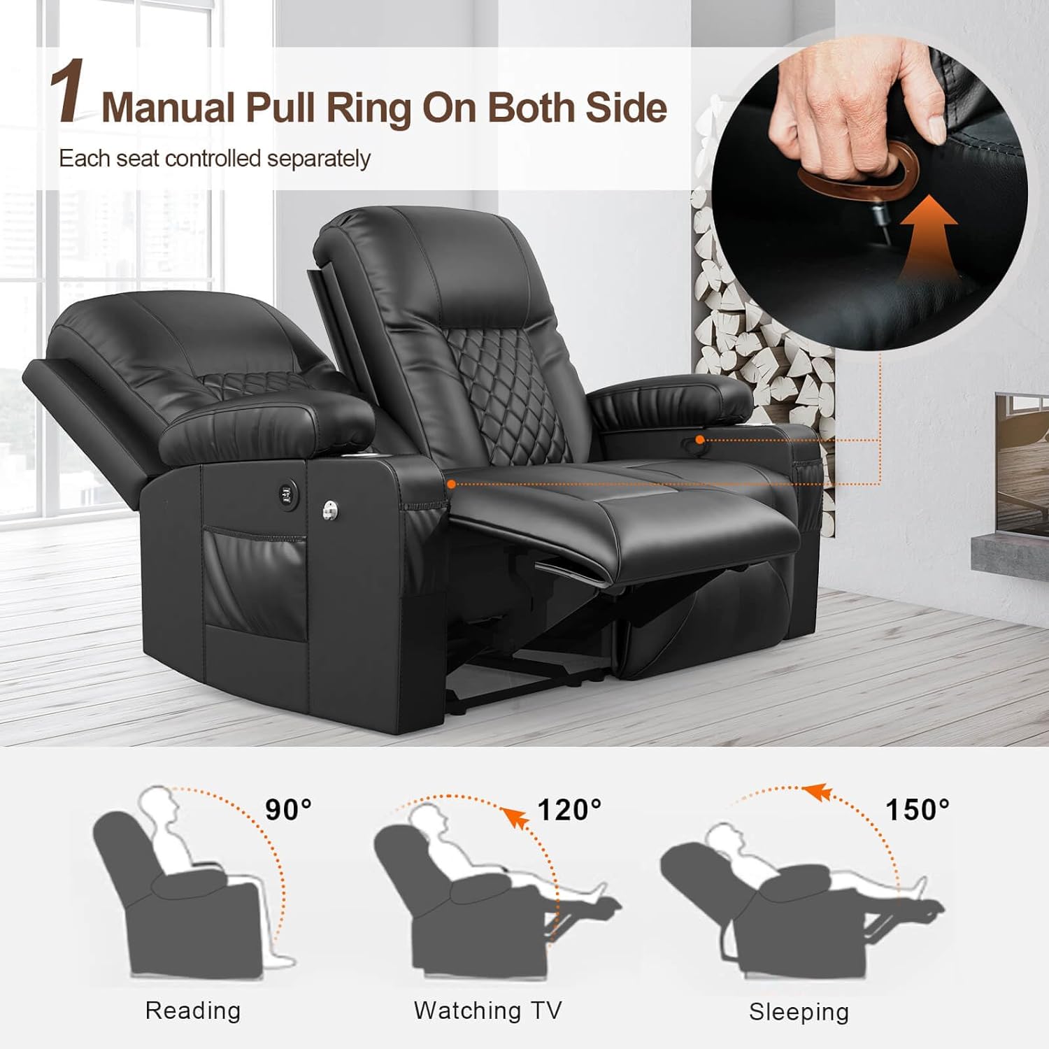 FURNIMAT Loveseat Recliner Sofa 2 Seater PU Leather Couch with USB Cup Holders