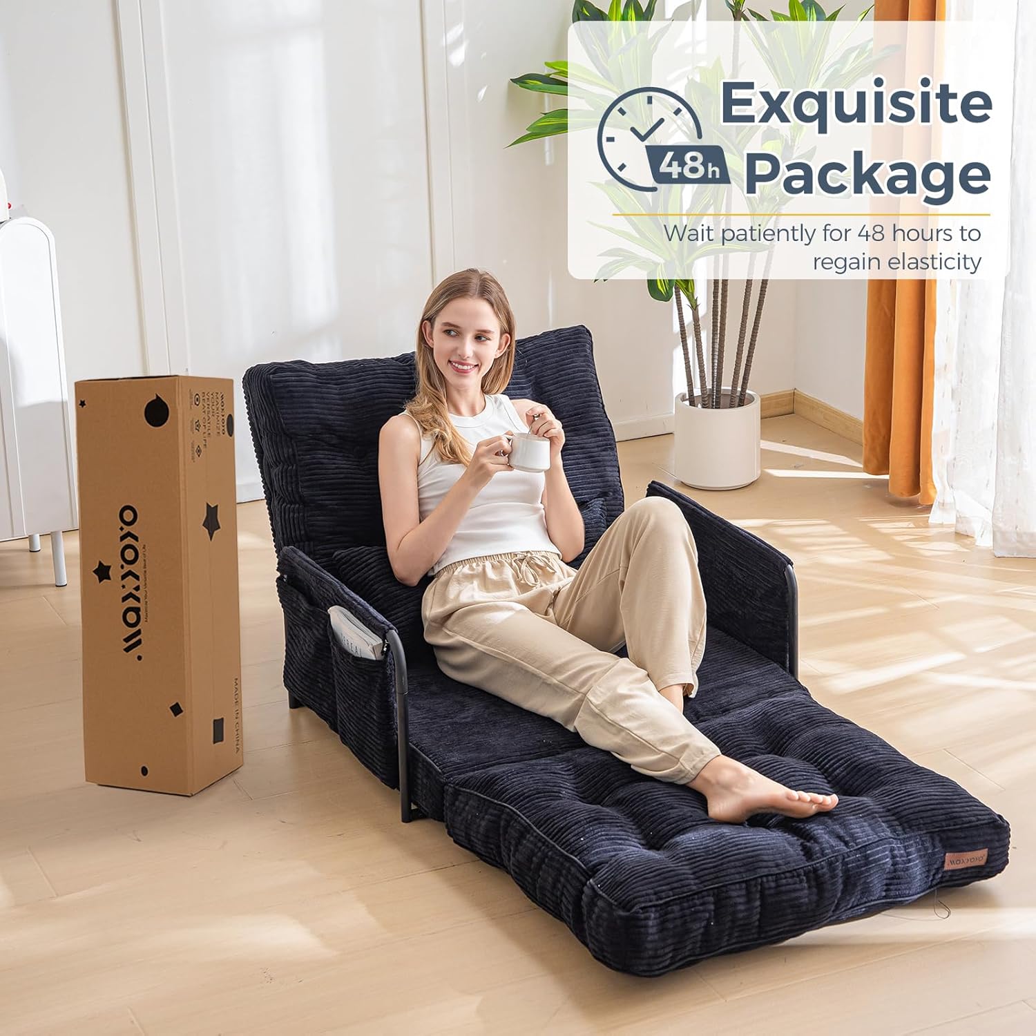 MAXYOYO Adjustable Floor Sofa Bed with Armrest Double Black Foldable Sleeper