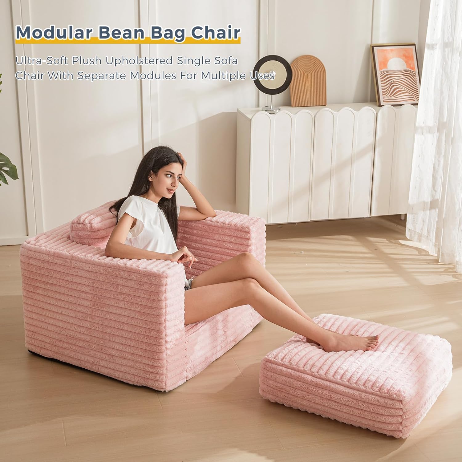 MAXYOYO Bean Bag Sofa with Armrests and Pillows Two Seat Fluffy Floor Couch