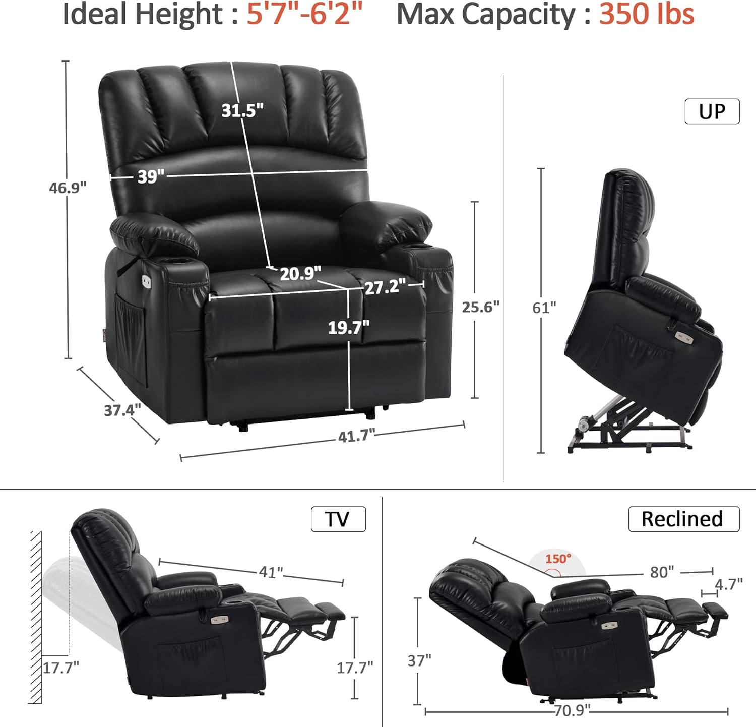 MCombo Power Lift Recliner Chair for Elderly with Heat Massage USB Cup Holders