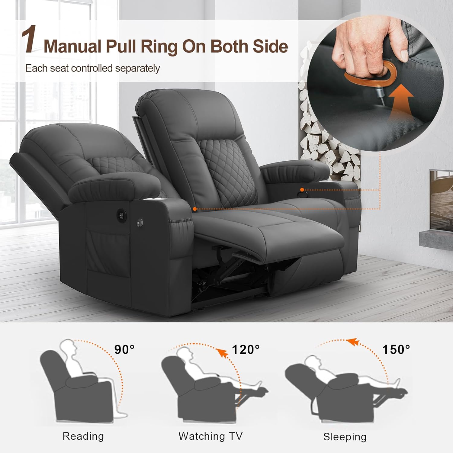 FURNIMAT Loveseat Recliner Sofa 2 Seater PU Leather Couch with USB Cup Holders