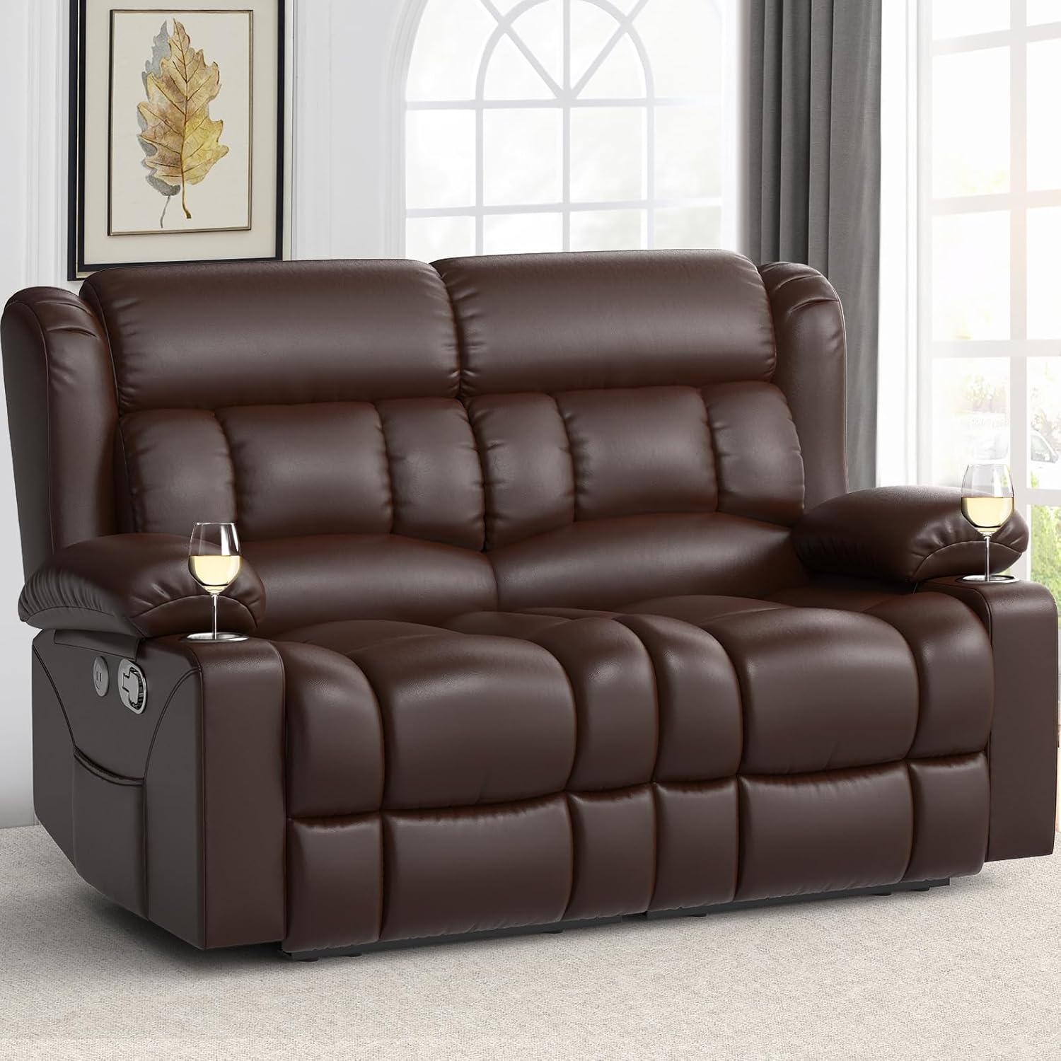 FURNIMAT 2 Seater Loveseat Recliner Sofa PU Leather with Cup Holders USB Ports