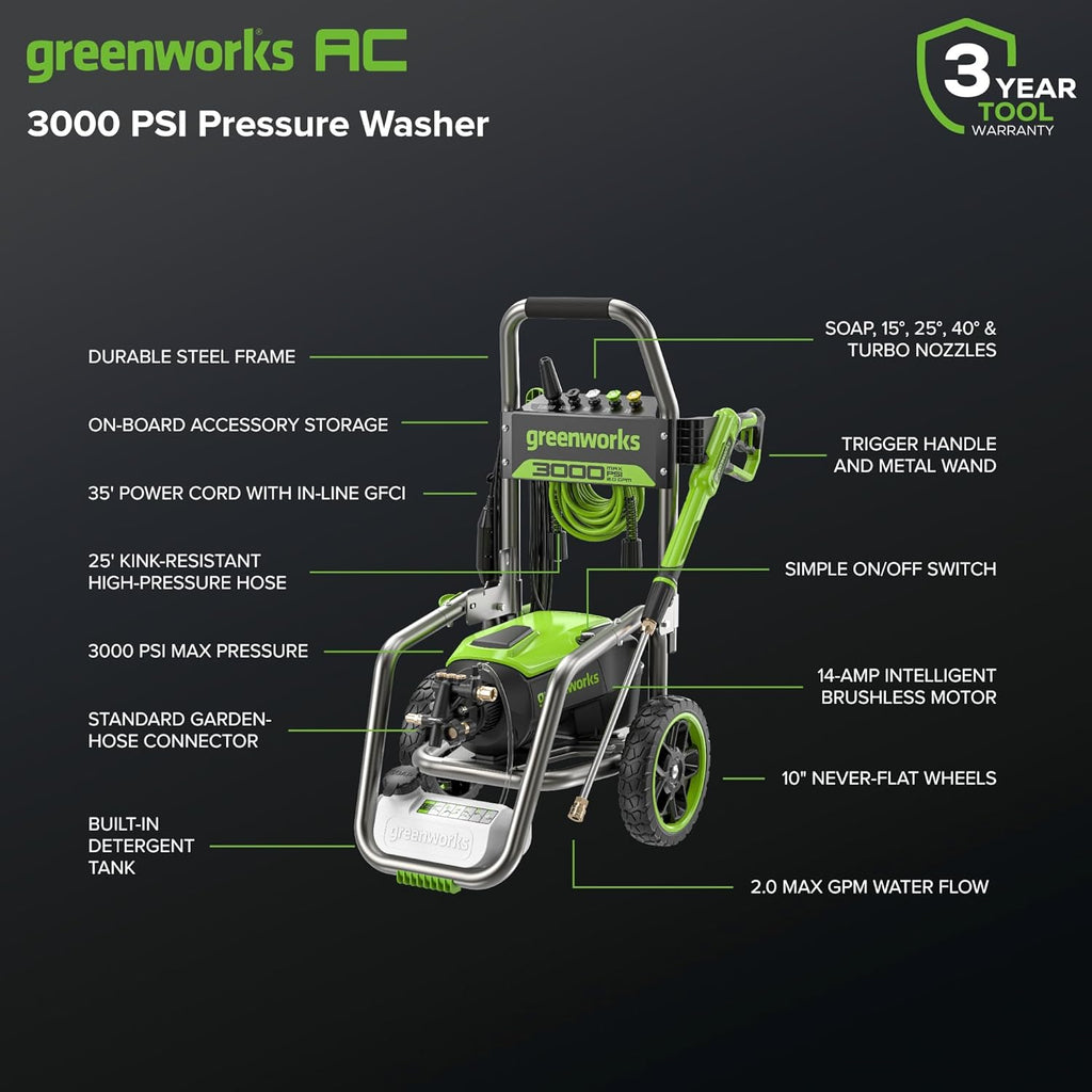 Greenworks 2000 PSI Electric Pressure Washer 13 Amp with Wheels 20 FT Hose 35 FT Cord