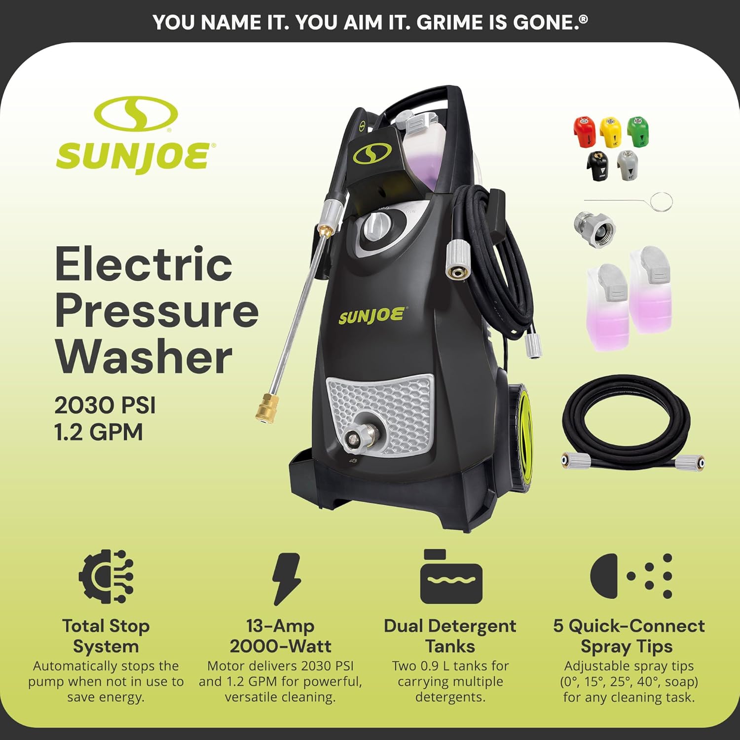 Sun Joe SPX3000 Electric Pressure Washer 2030 PSI 1.2 GPM with Dual Soap Tanks