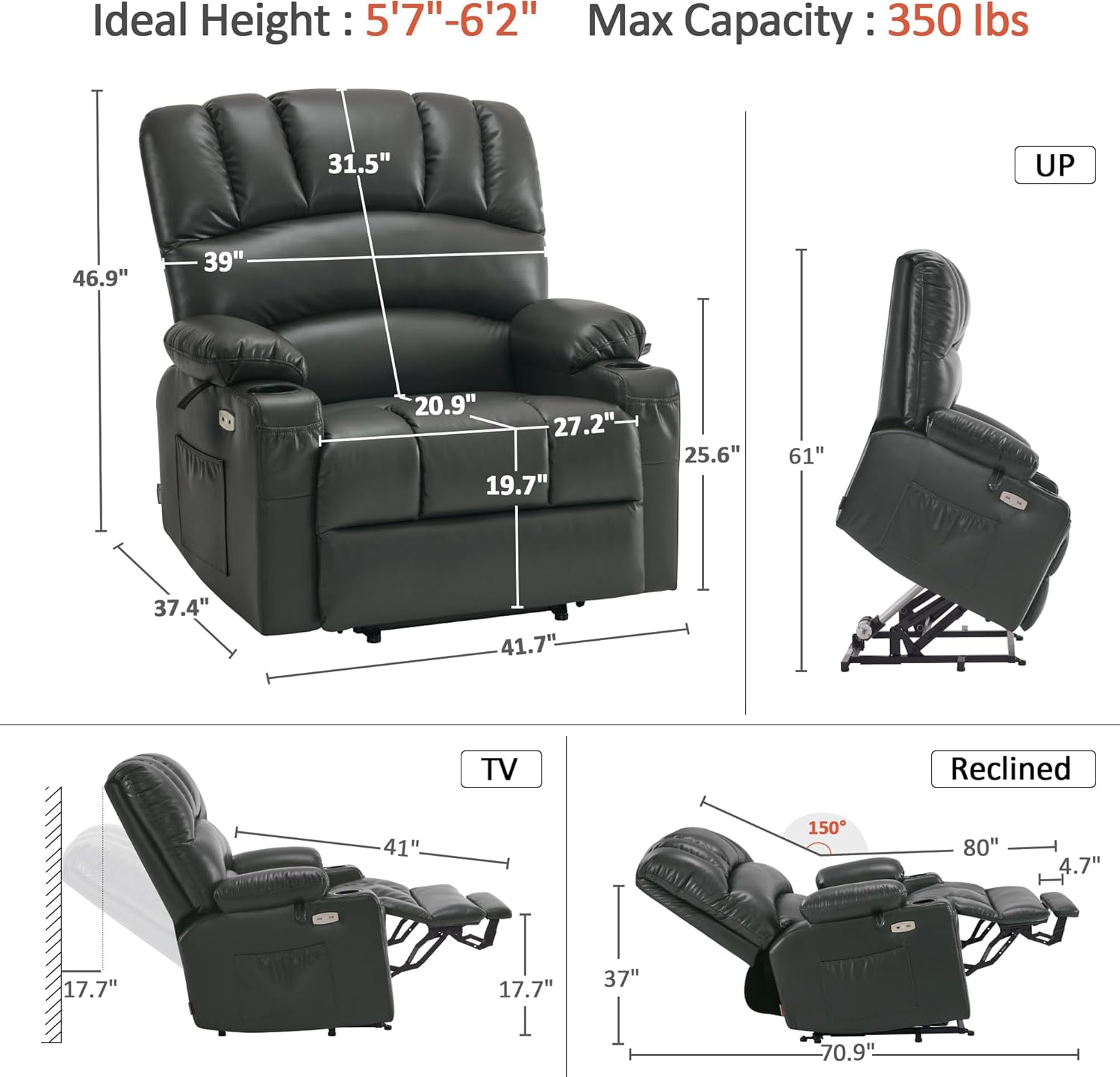MCombo Power Lift Recliner Chair for Elderly with Heat Massage USB Cup Holders