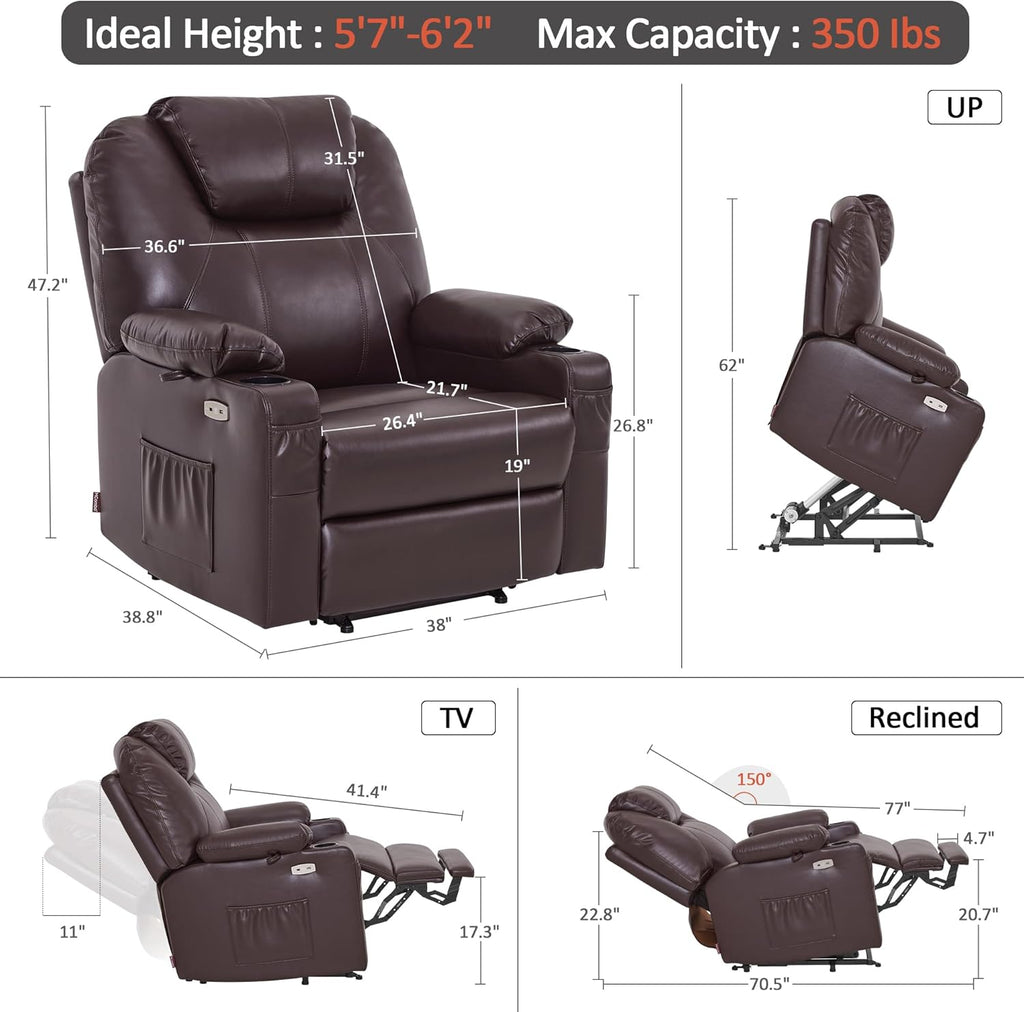 MCombo Electric Power Lift Recliner Massage Heat Chair for Elderly 3 Positions 2 Pockets USB