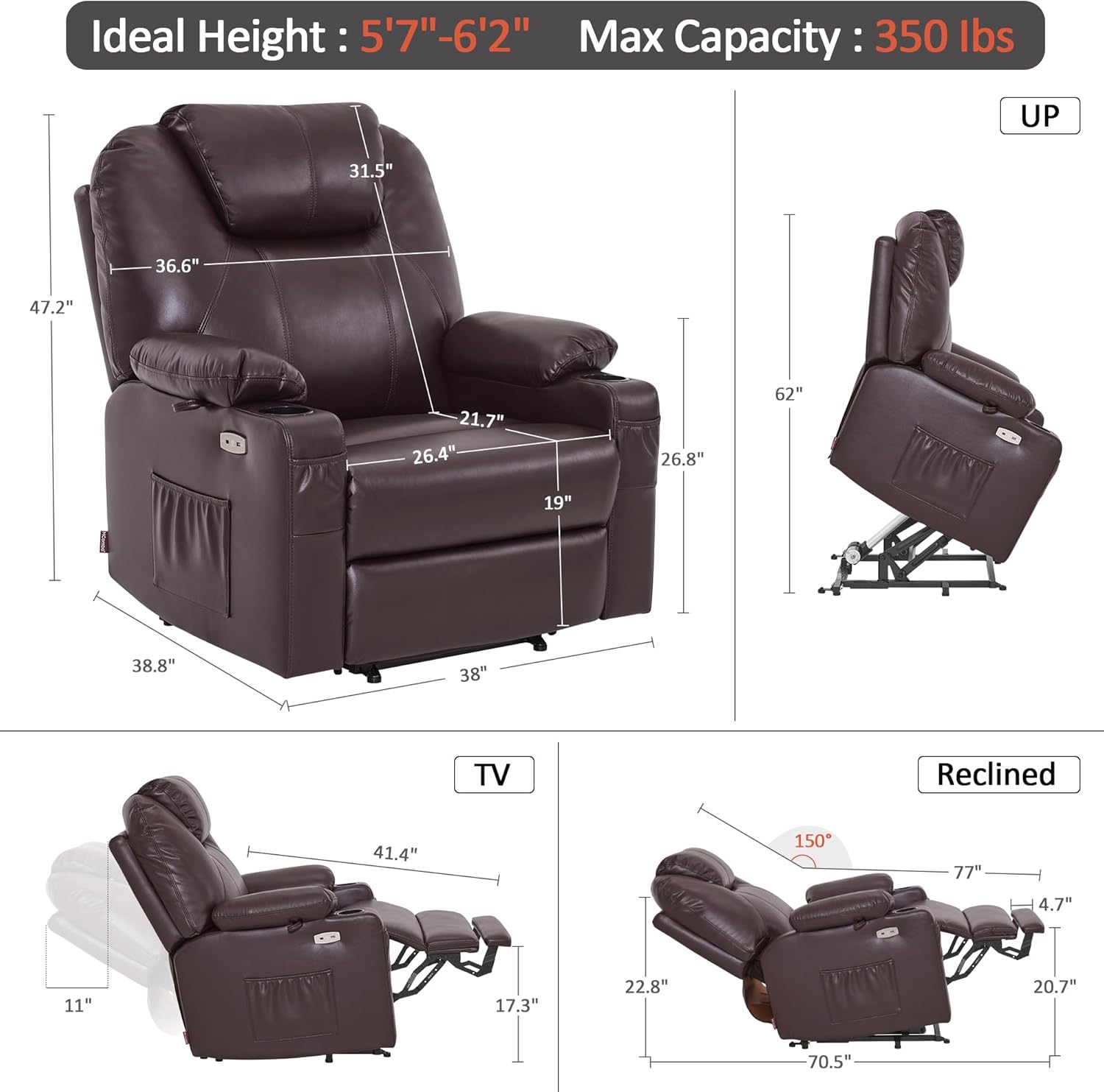 MCombo Electric Power Lift Recliner Massage Heat Chair for Elderly 3 Positions 2 Pockets USB