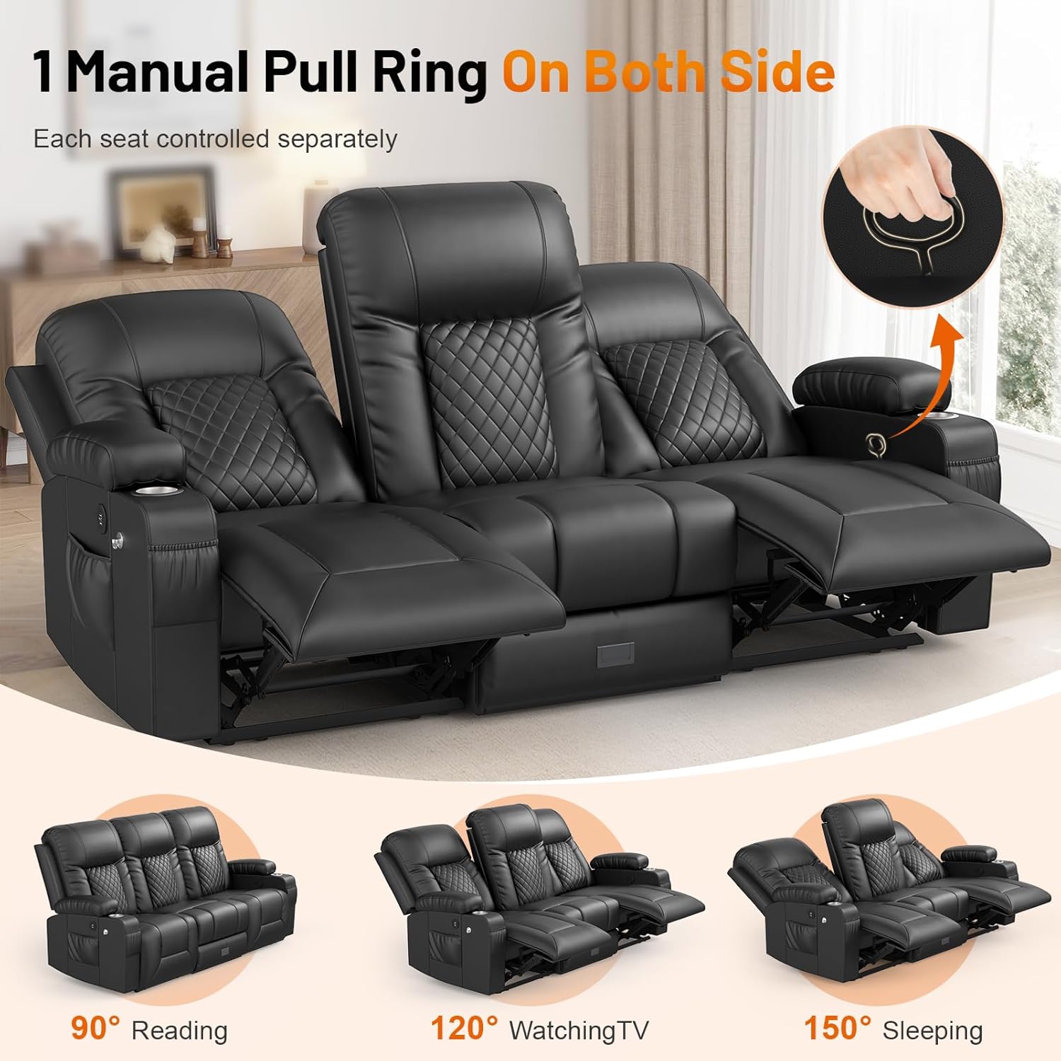 FURNIMAT 2 Seater Loveseat Recliner Sofa PU Leather with Cup Holders USB Ports
