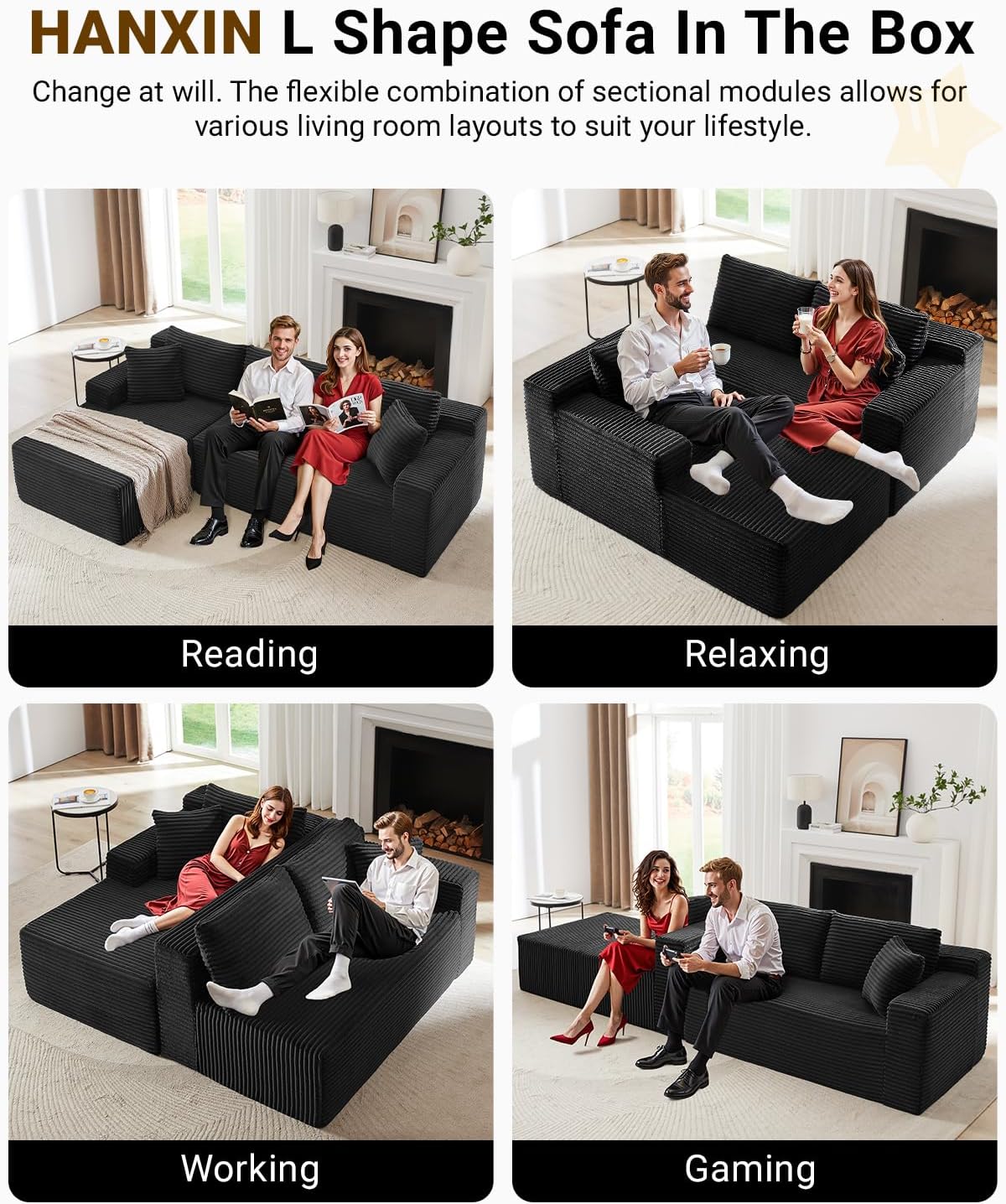 HANXIN Cloud Sectional Sofa L Shape Chaise Deep Seat Modular Living Room Couch