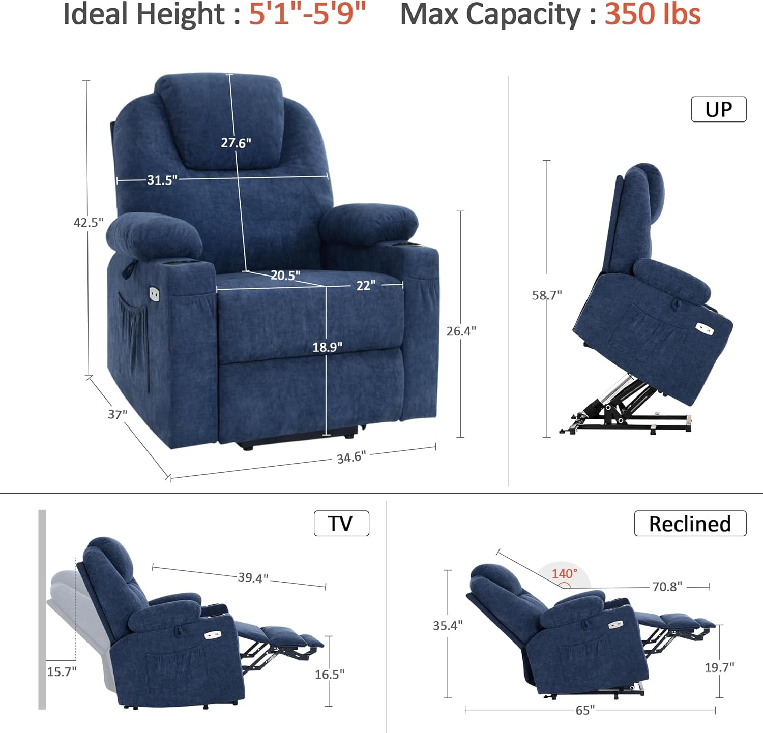 MCombo Power Lift Recliner Chair for Elderly with Heat Massage USB Cup Holders